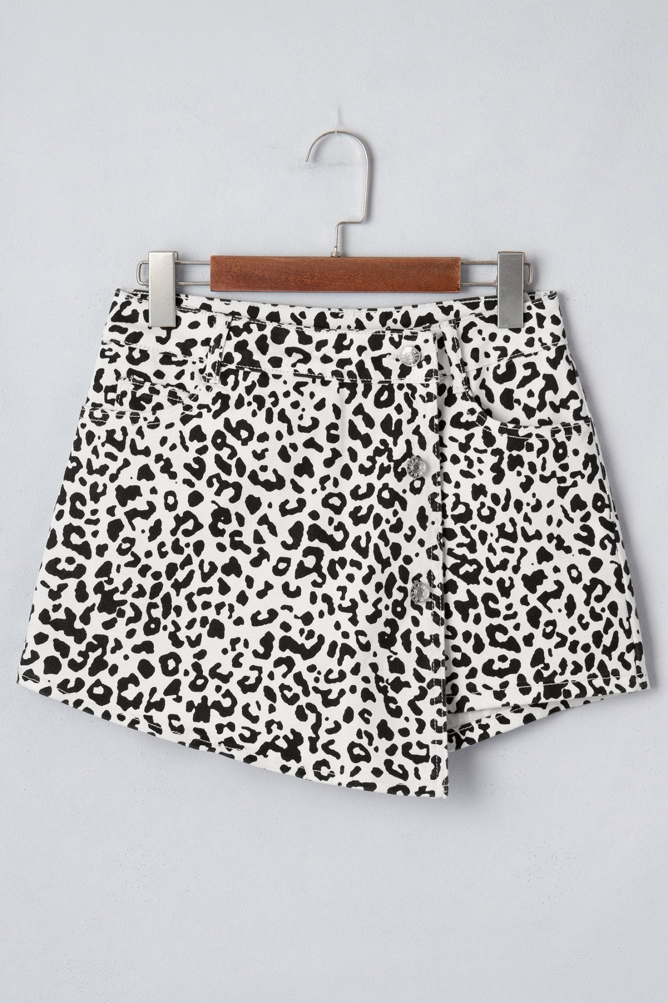 Leopard Denim Buttoned Overlap Shorts - Rooted & Reckless Co.