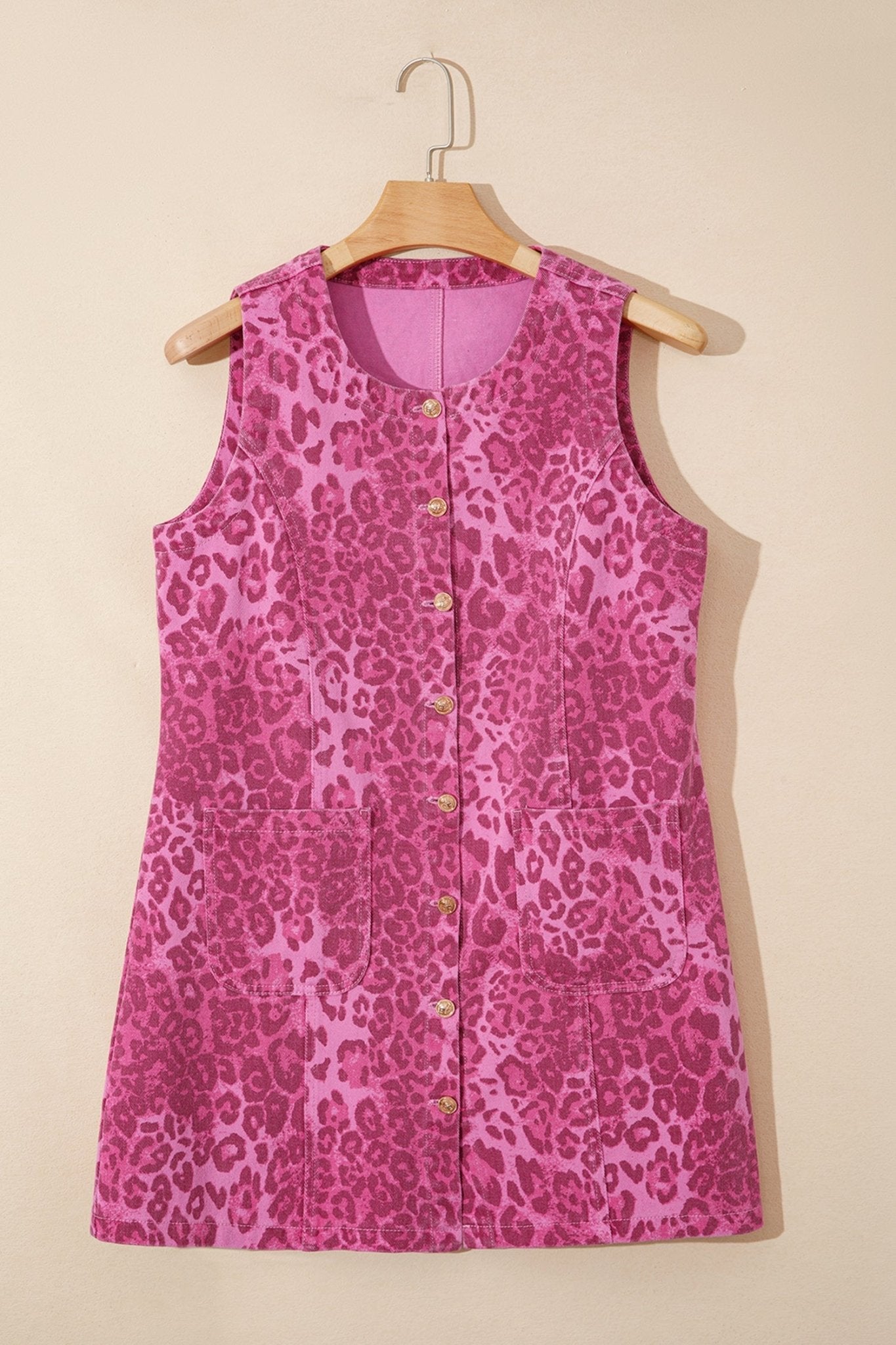 Leopard Denim Buttoned Sleeveless Dress - Rooted & Reckless Co.