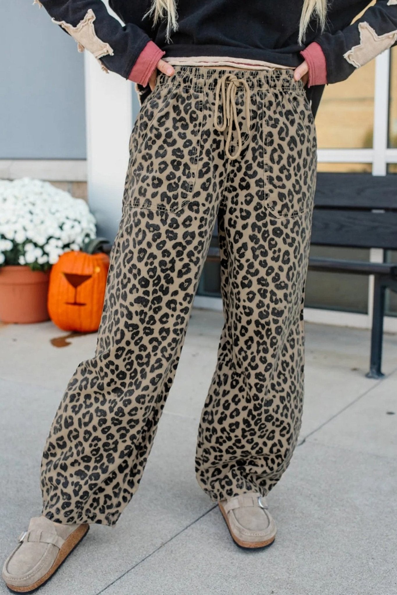 Leopard Denim Drawstring Elastic Waist Loose Pants - Rooted & Reckless Co.
