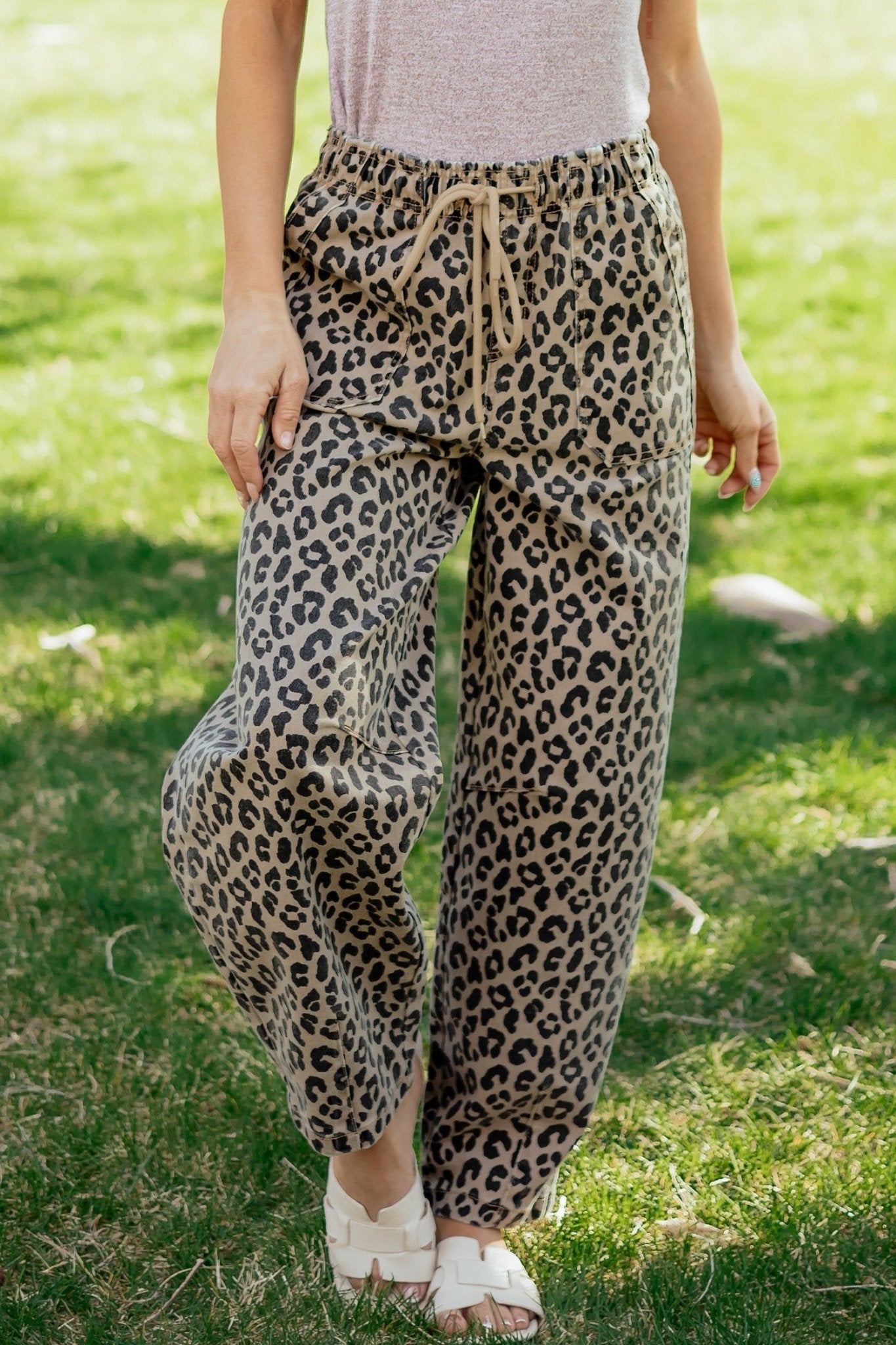 Leopard Denim Drawstring Elastic Waist Loose Pants - Rooted & Reckless Co.