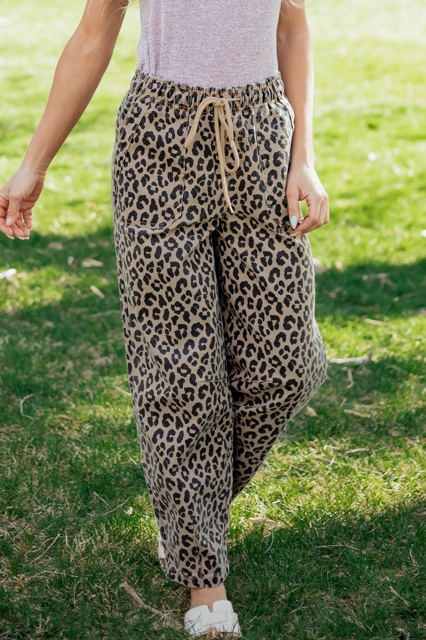 Leopard Denim Drawstring Elastic Waist Loose Pants - Rooted & Reckless Co.