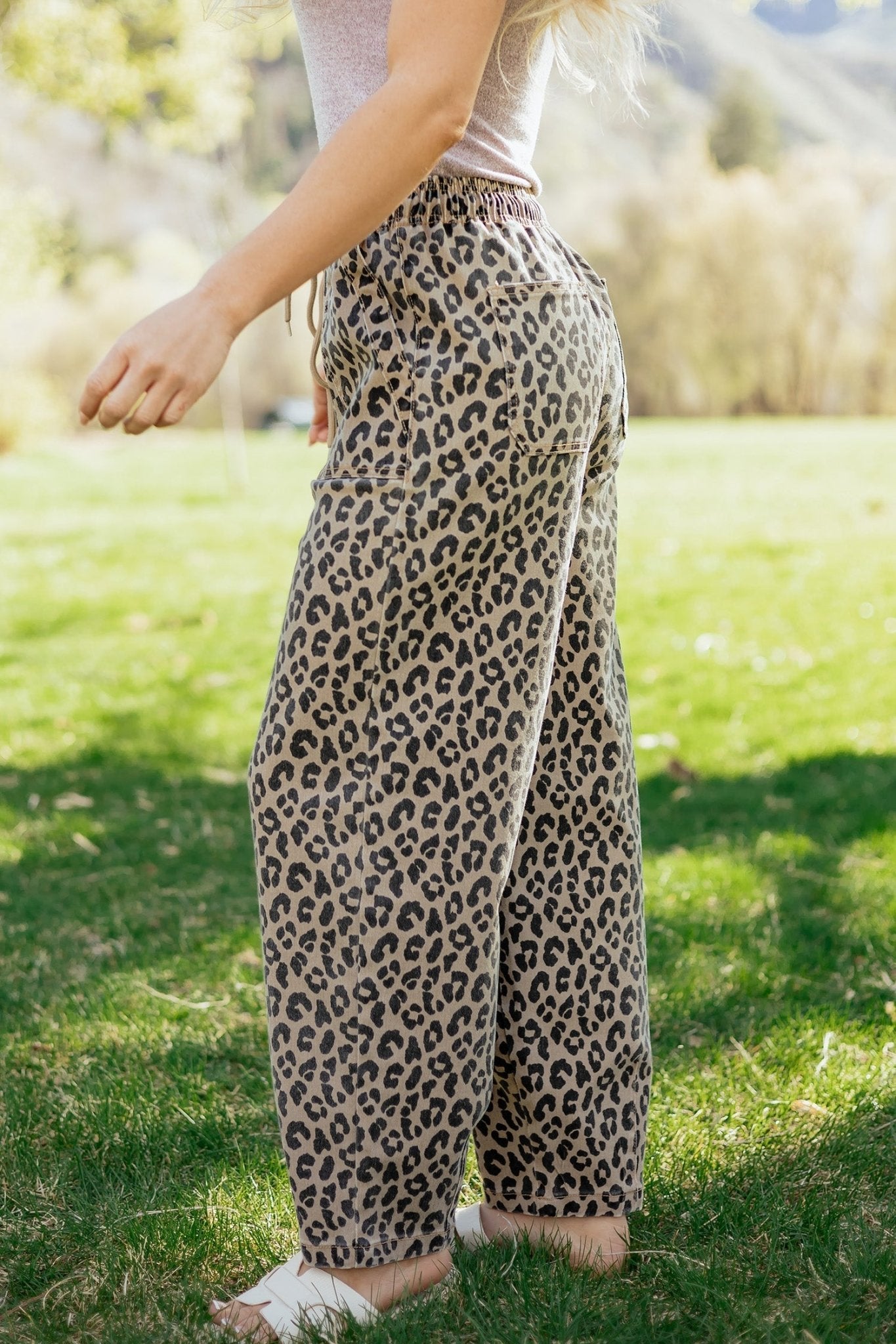 Leopard Denim Drawstring Elastic Waist Loose Pants - Rooted & Reckless Co.