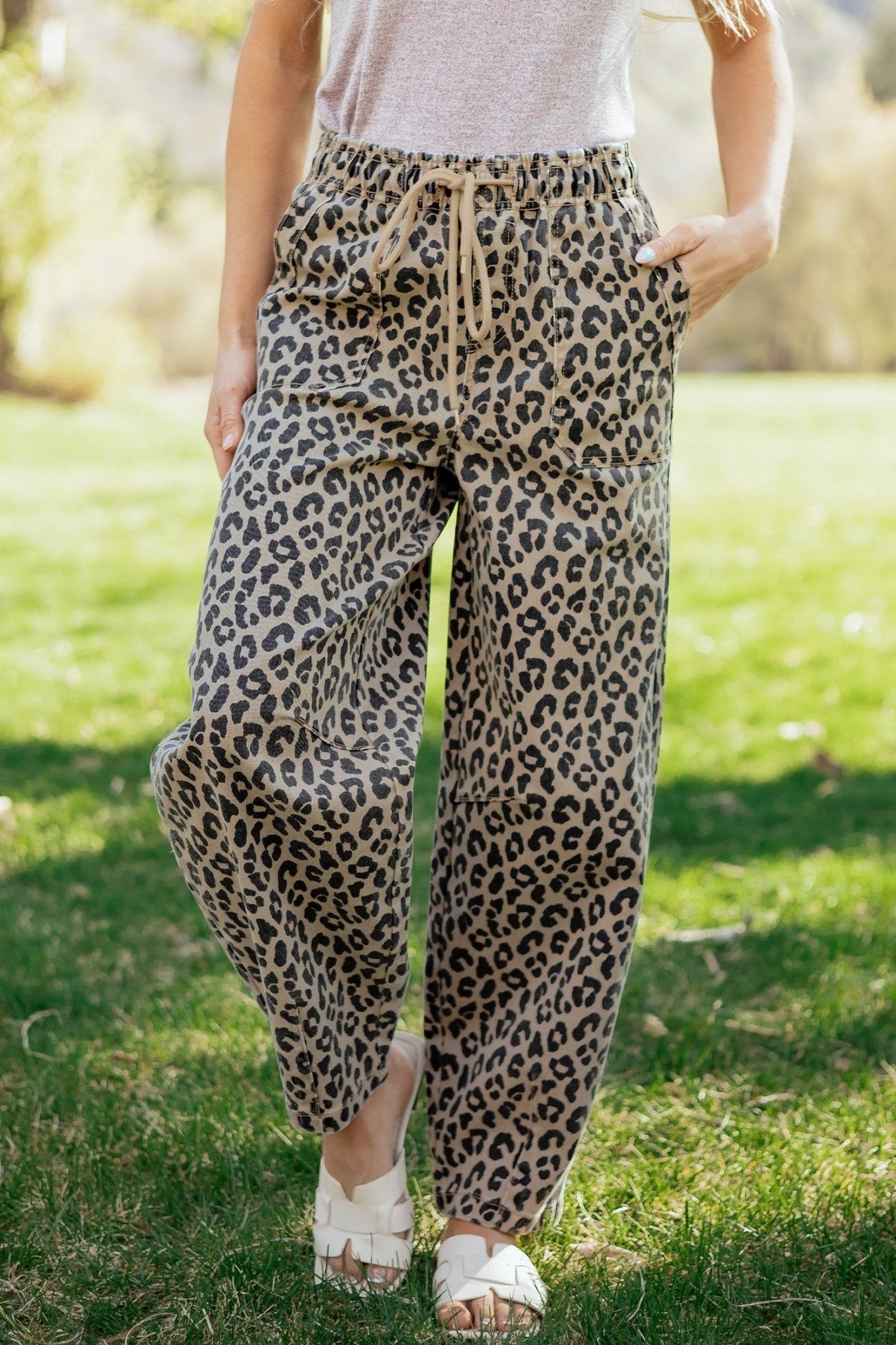Leopard Denim Drawstring Elastic Waist Loose Pants - Rooted & Reckless Co.