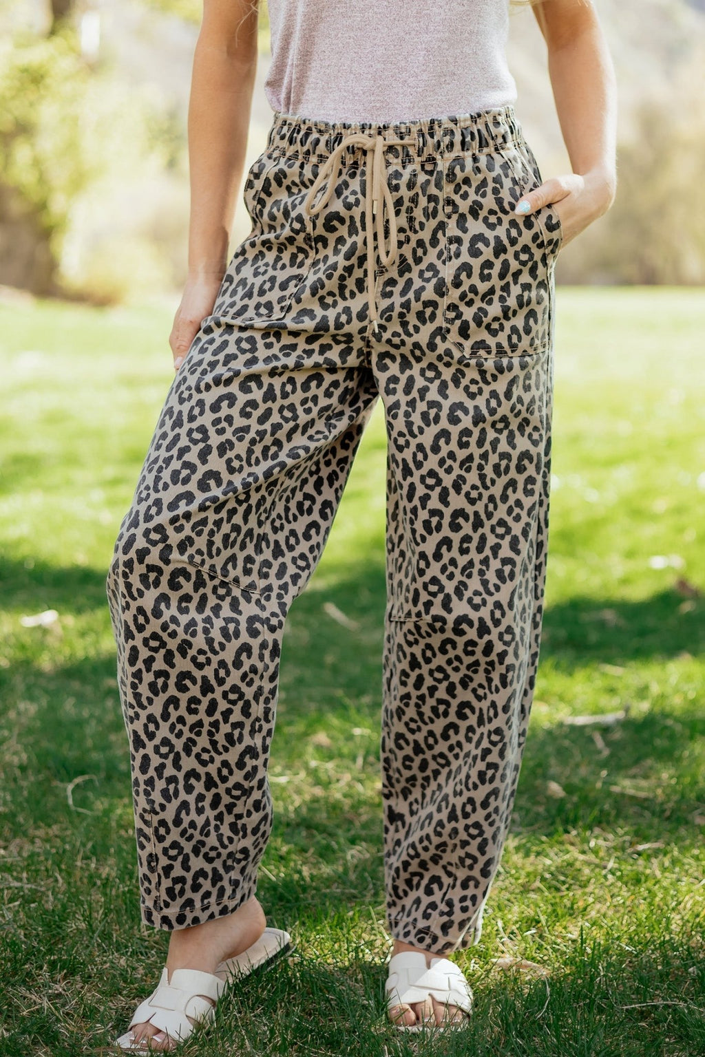Leopard Denim Drawstring Elastic Waist Loose Pants - Rooted & Reckless Co.
