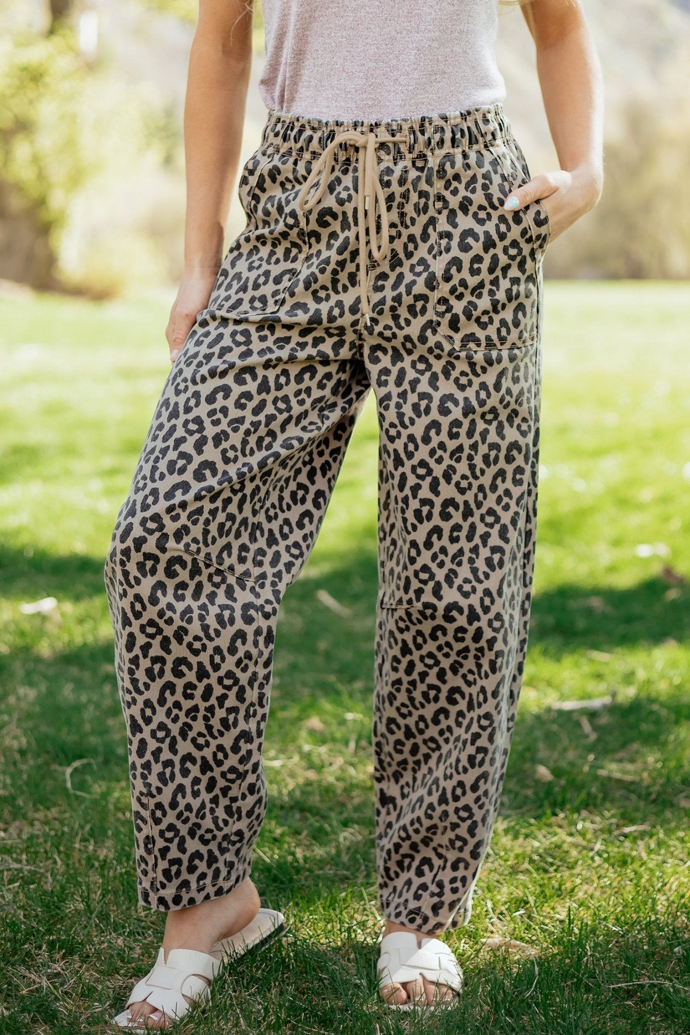 Leopard Denim Drawstring Elastic Waist Loose Pants - Rooted & Reckless Co.
