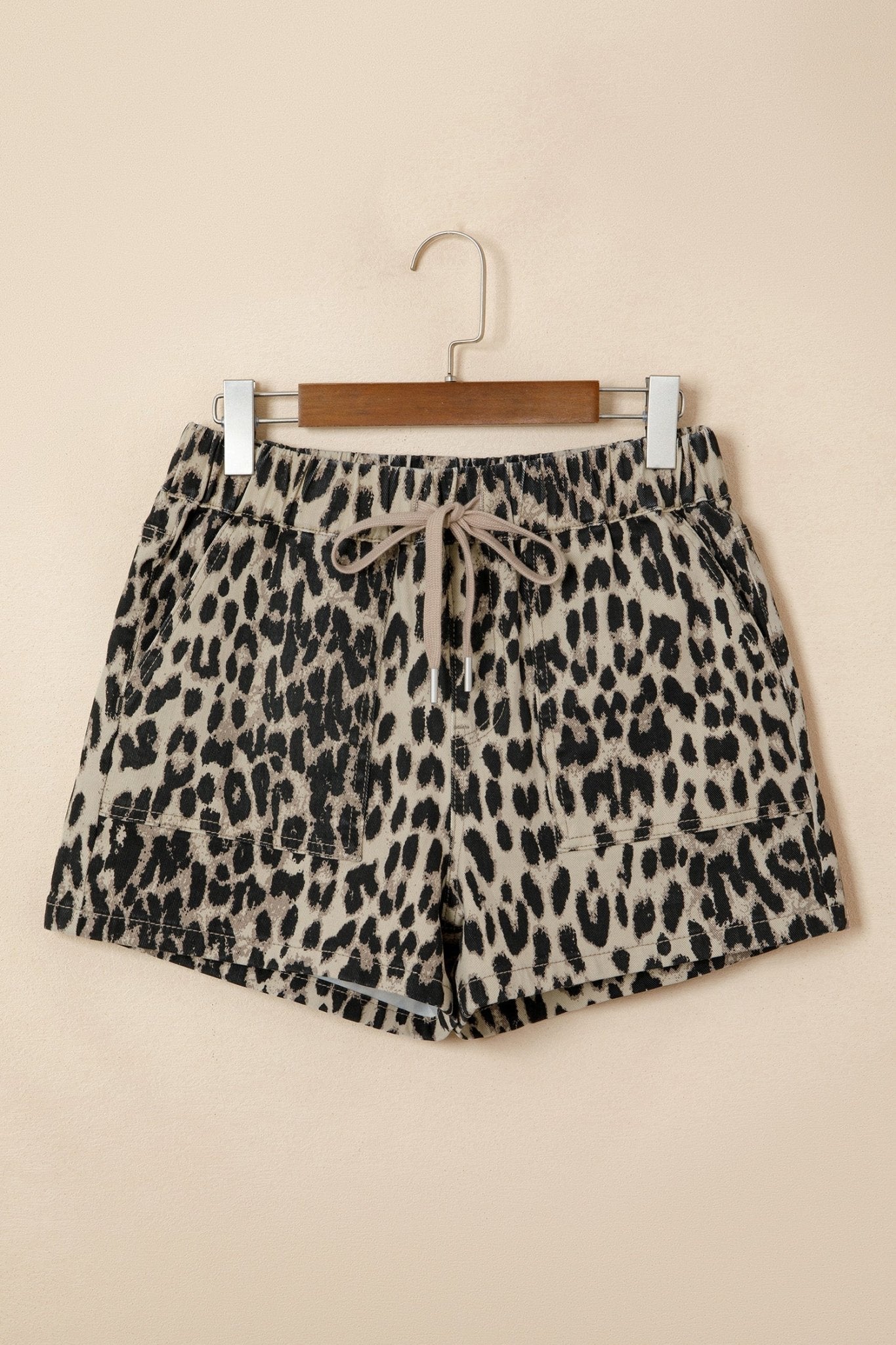 Leopard Denim Drawstring Elastic Waist Shorts - Rooted & Reckless Co.