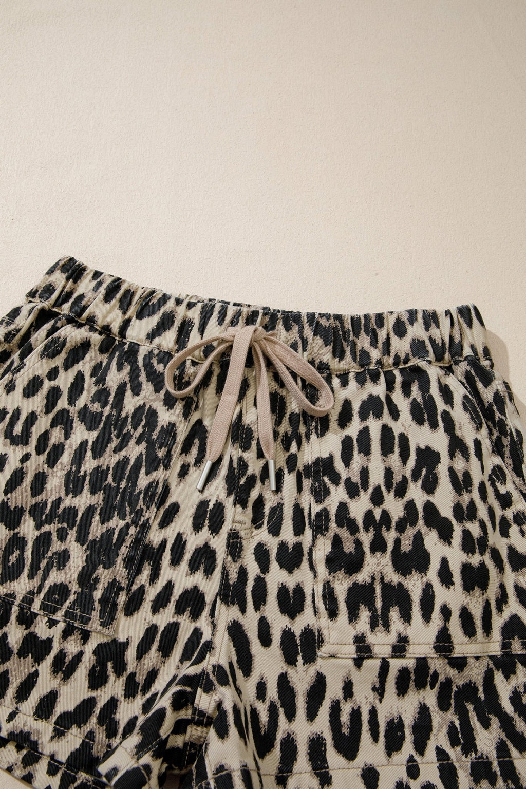 Leopard Denim Drawstring Elastic Waist Shorts - Rooted & Reckless Co.