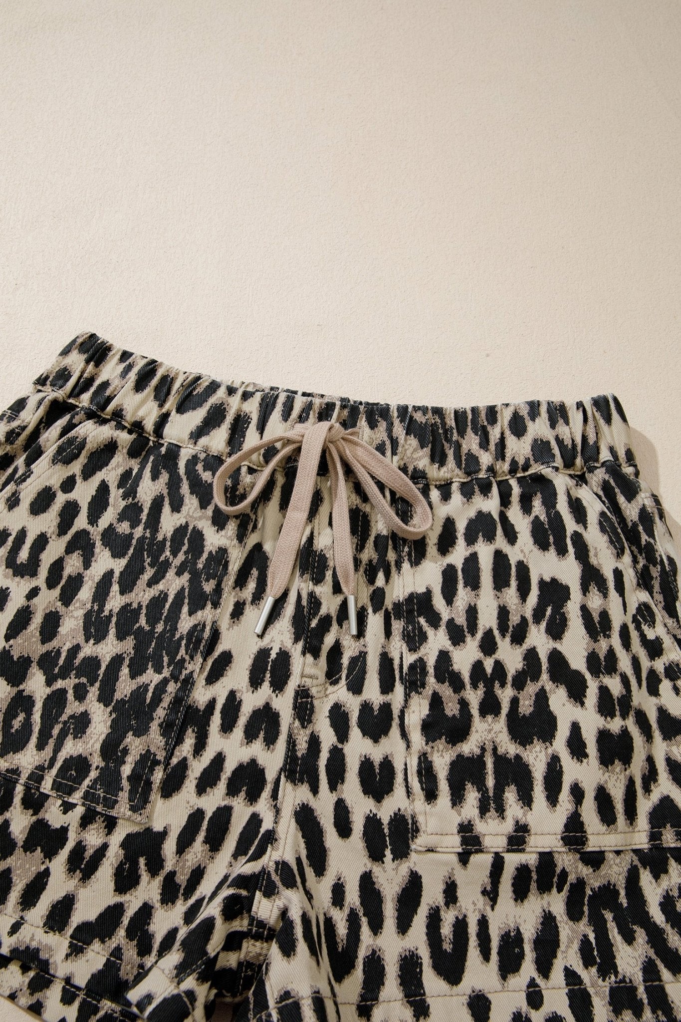 Leopard Denim Drawstring Elastic Waist Shorts - Rooted & Reckless Co.