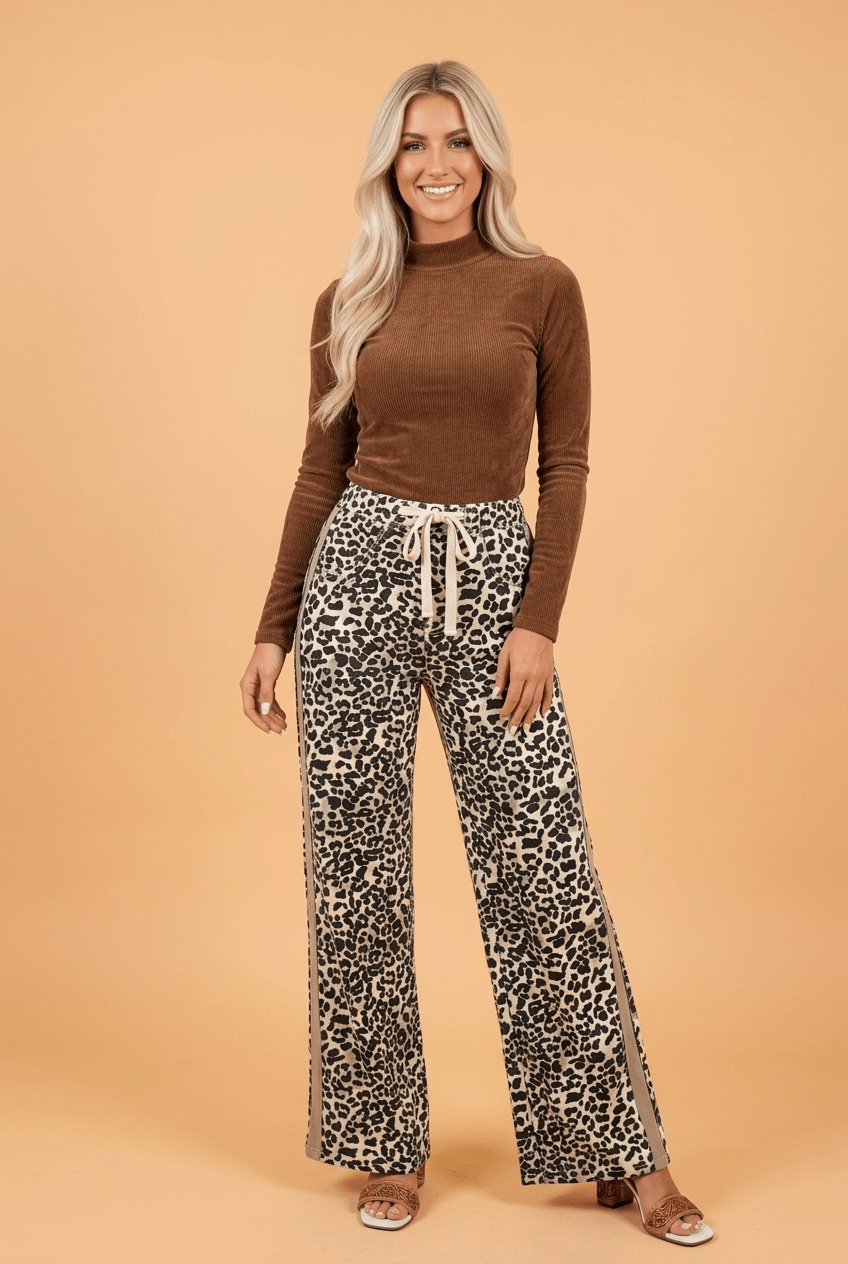 Leopard Denim Drawstring Waist Straight Leg Jeans - Rooted & Reckless Co.