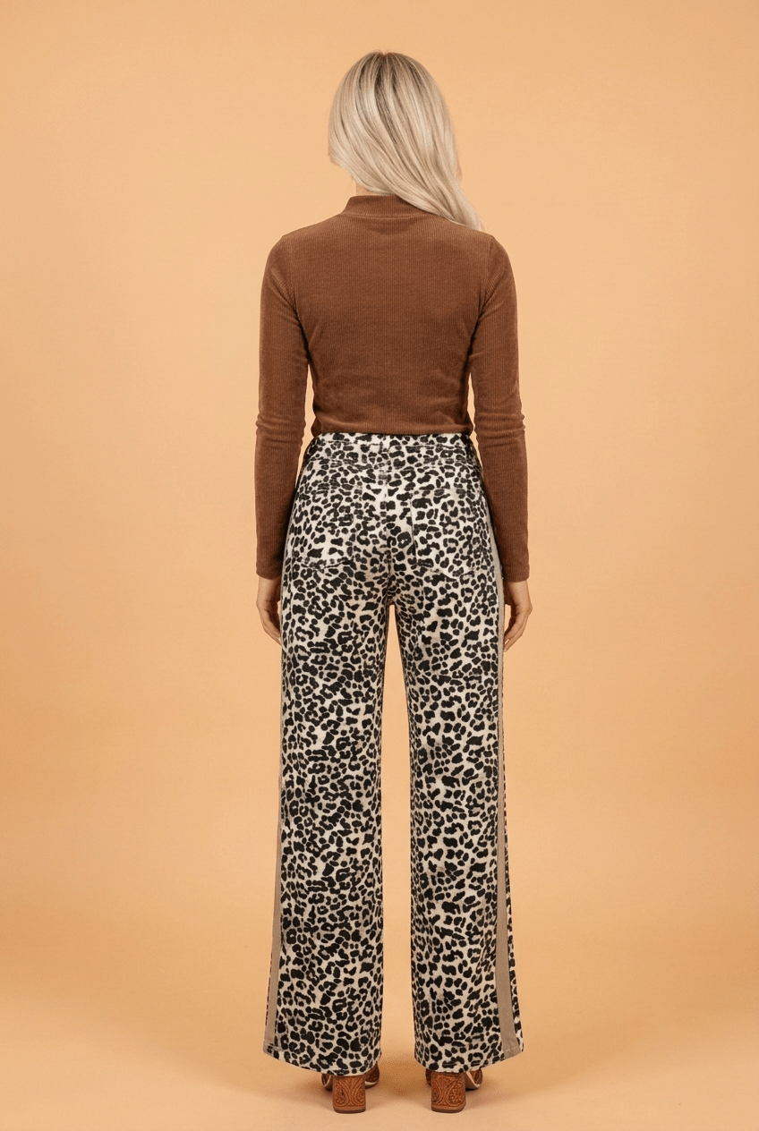 Leopard Denim Drawstring Waist Straight Leg Jeans - Rooted & Reckless Co.