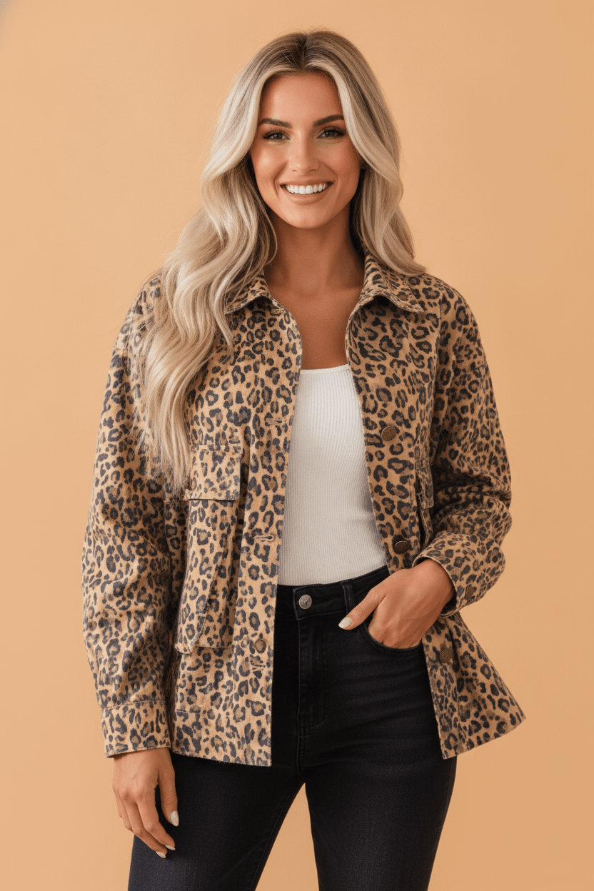 Leopard Denim Patch Pocket Buttoned Collar Jacket - Rooted & Reckless Co.
