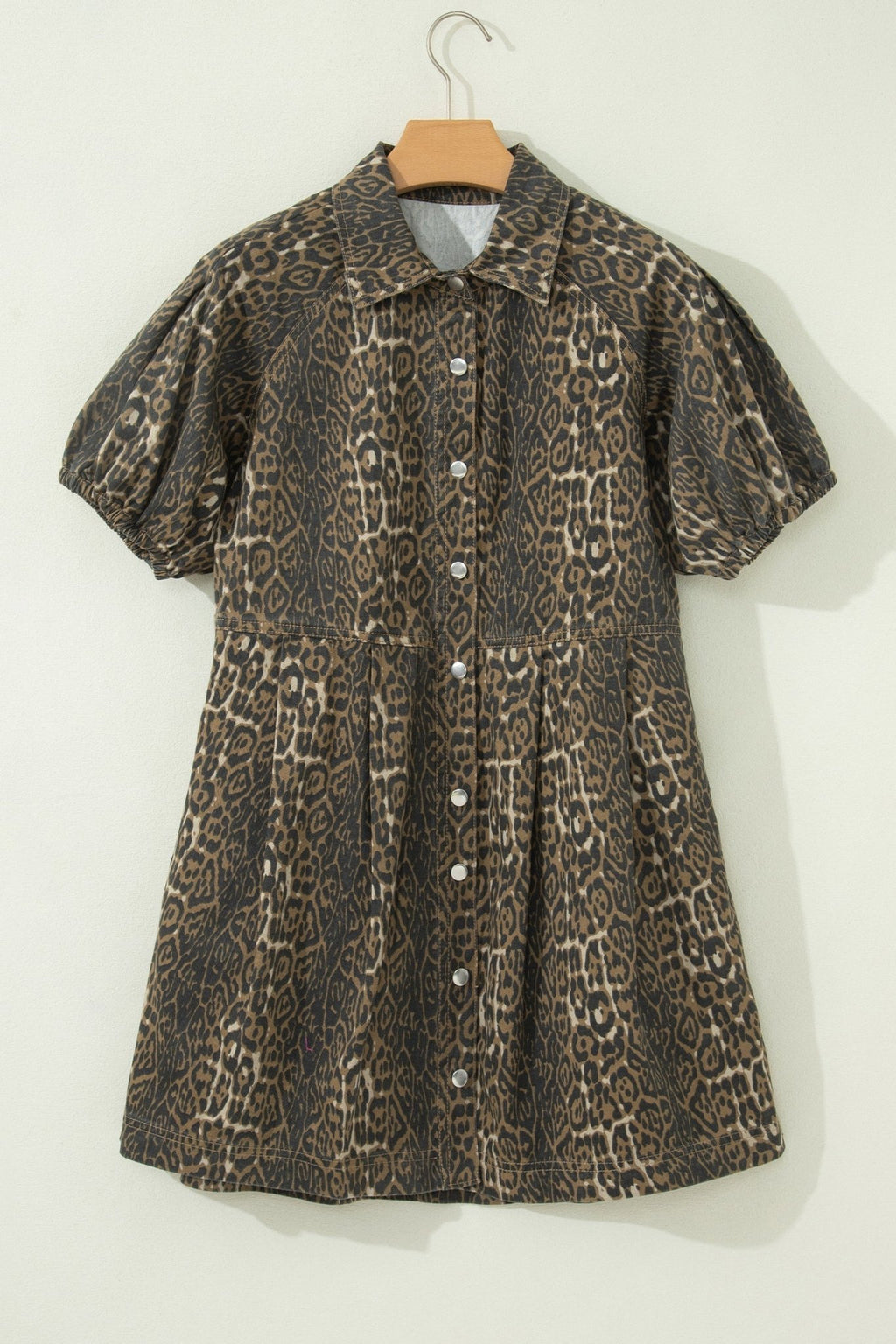 Leopard Denim Short Sleeve Pleated Mini Dress - Rooted & Reckless Co.
