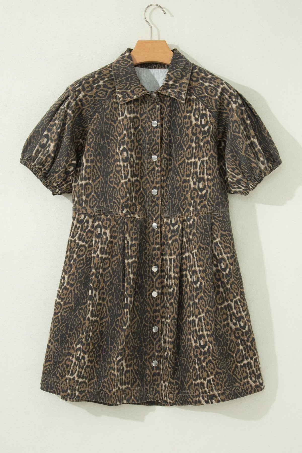 Leopard Denim Short Sleeve Pleated Mini Dress - Rooted & Reckless Co.
