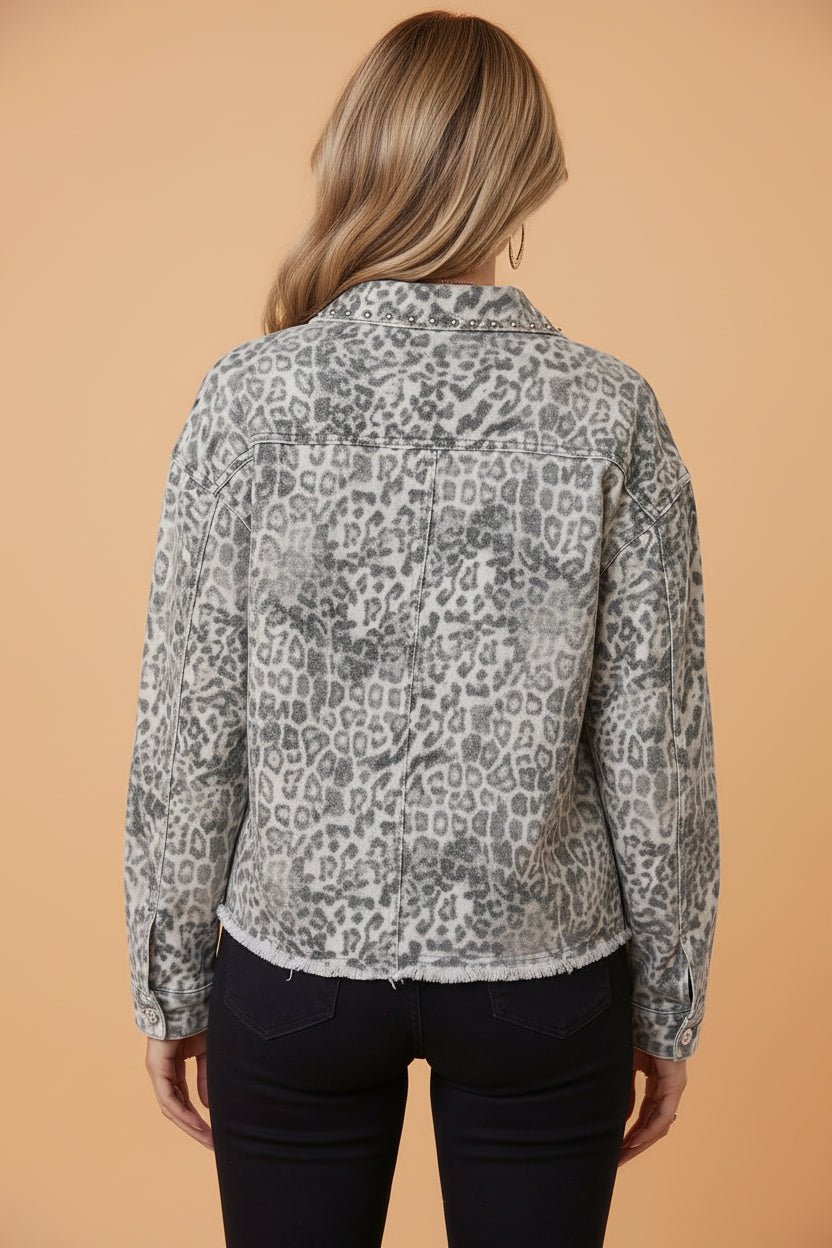 Leopard Denim Studded Patch Pocket Collared Jacket - Rooted & Reckless Co.