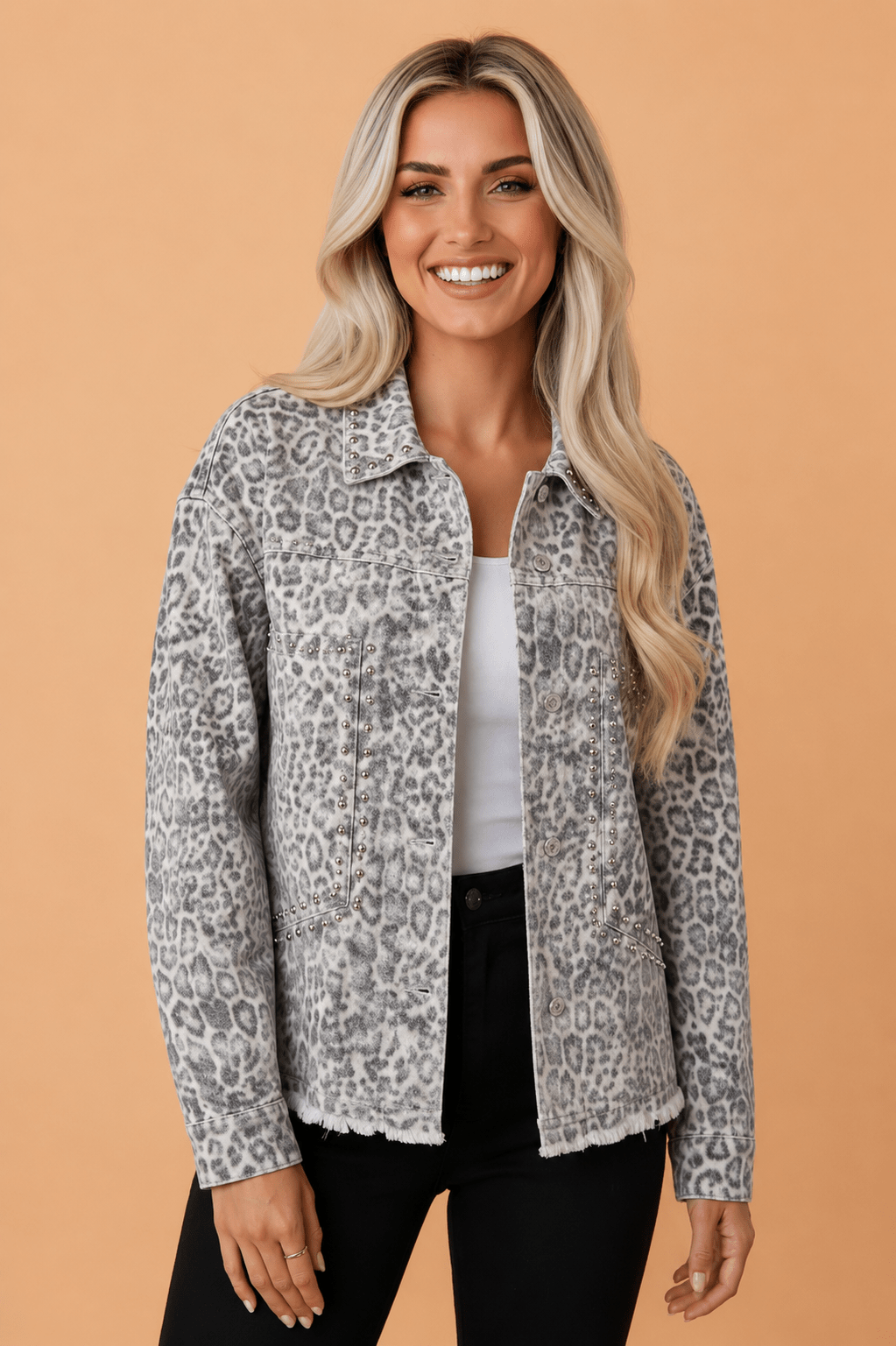 Leopard Denim Studded Patch Pocket Collared Jacket - Rooted & Reckless Co.