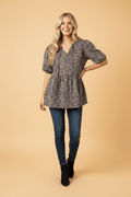 Leopard Denim Tie Neck Puff Sleeve Babydoll Top - Rooted & Reckless Co.