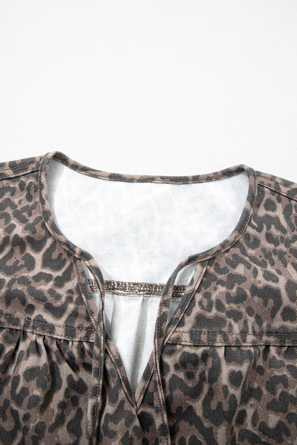 Leopard Denim Tie Neck Puff Sleeve Babydoll Top - Rooted & Reckless Co.