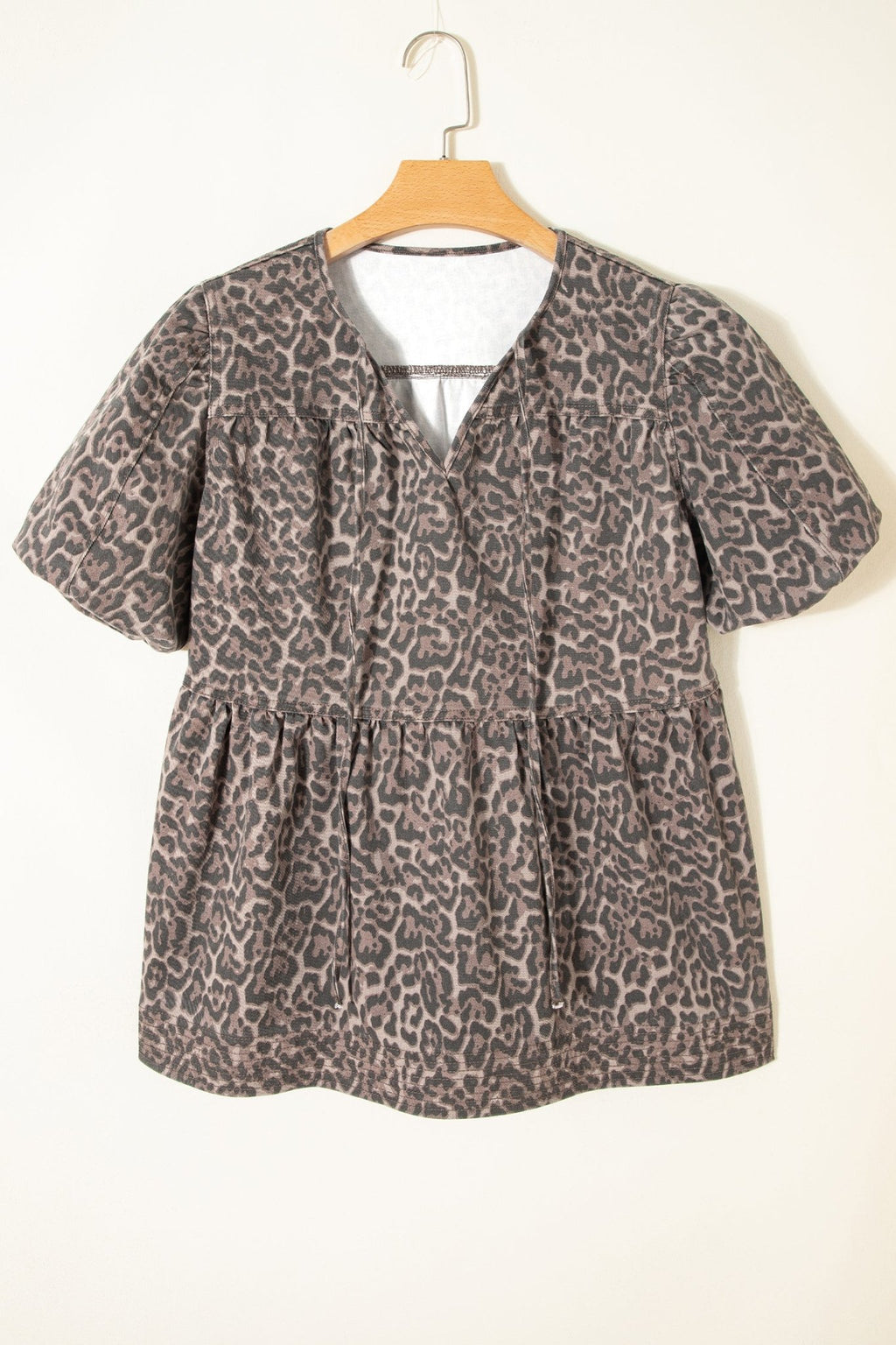 Leopard Denim Tie Neck Puff Sleeve Babydoll Top - Rooted & Reckless Co.