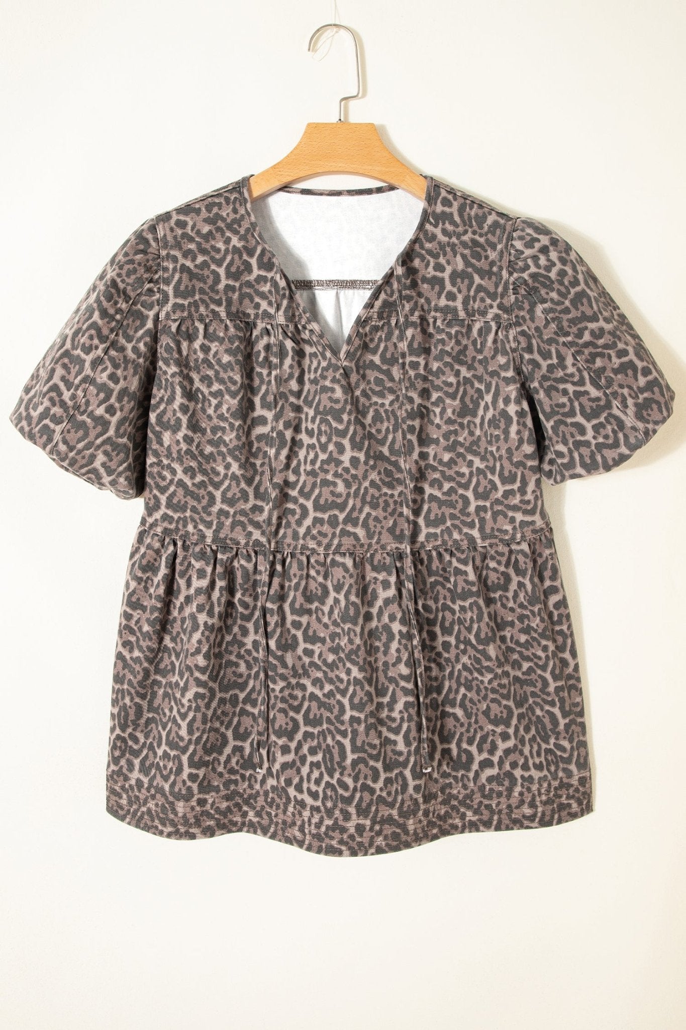 Leopard Denim Tie Neck Puff Sleeve Babydoll Top - Rooted & Reckless Co.