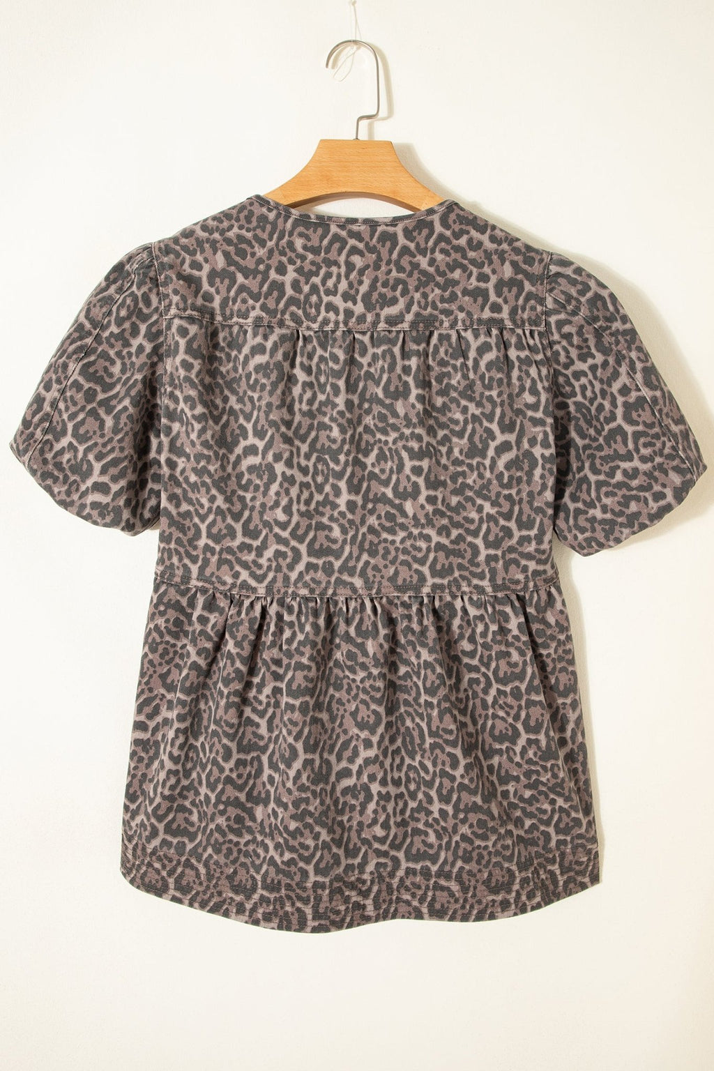 Leopard Denim Tie Neck Puff Sleeve Babydoll Top - Rooted & Reckless Co.