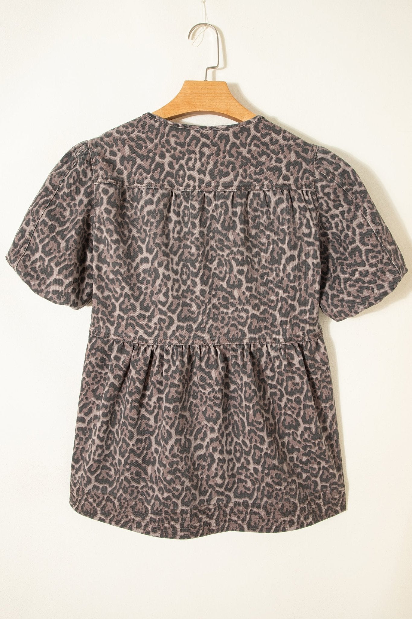 Leopard Denim Tie Neck Puff Sleeve Babydoll Top - Rooted & Reckless Co.