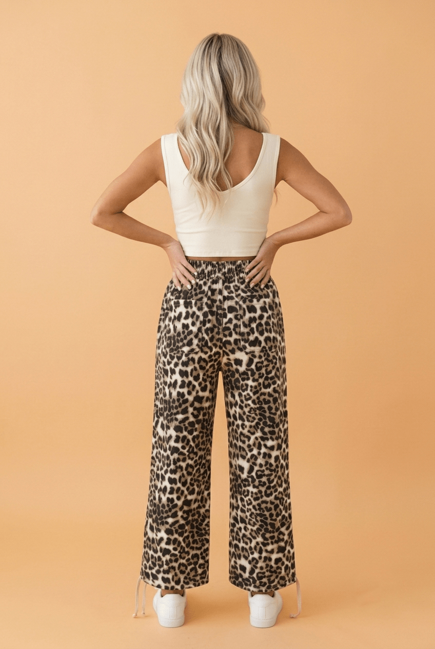 Leopard Drawstring Elastic Waist Pocket Denim Jogger Pants - Rooted & Reckless Co.