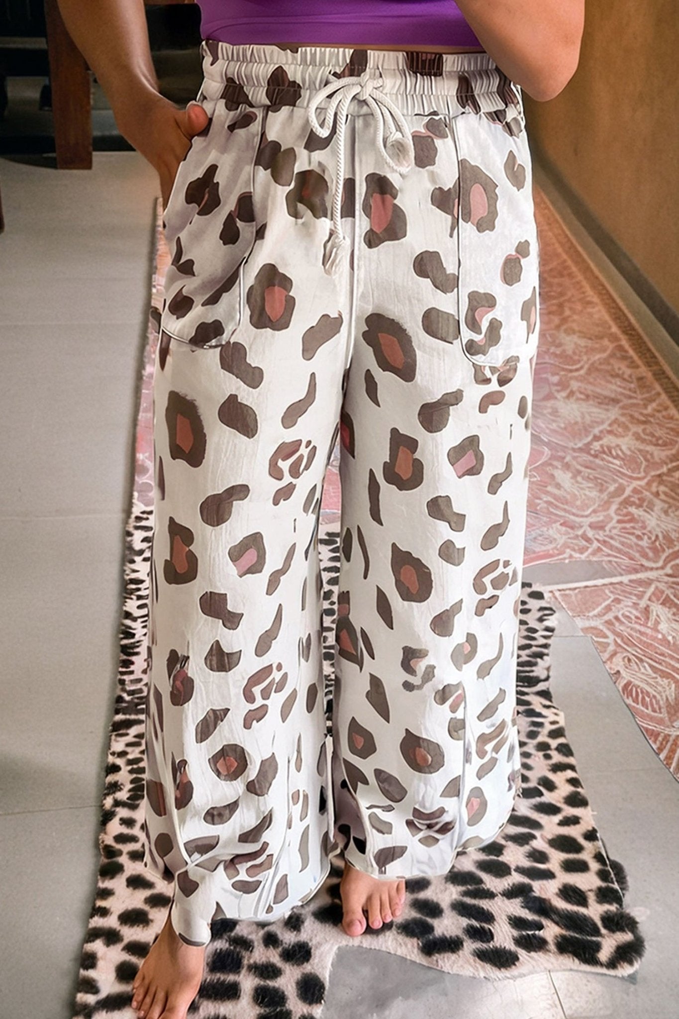 Leopard Drawstring High Waist Pocketed Pants - Rooted & Reckless Co.