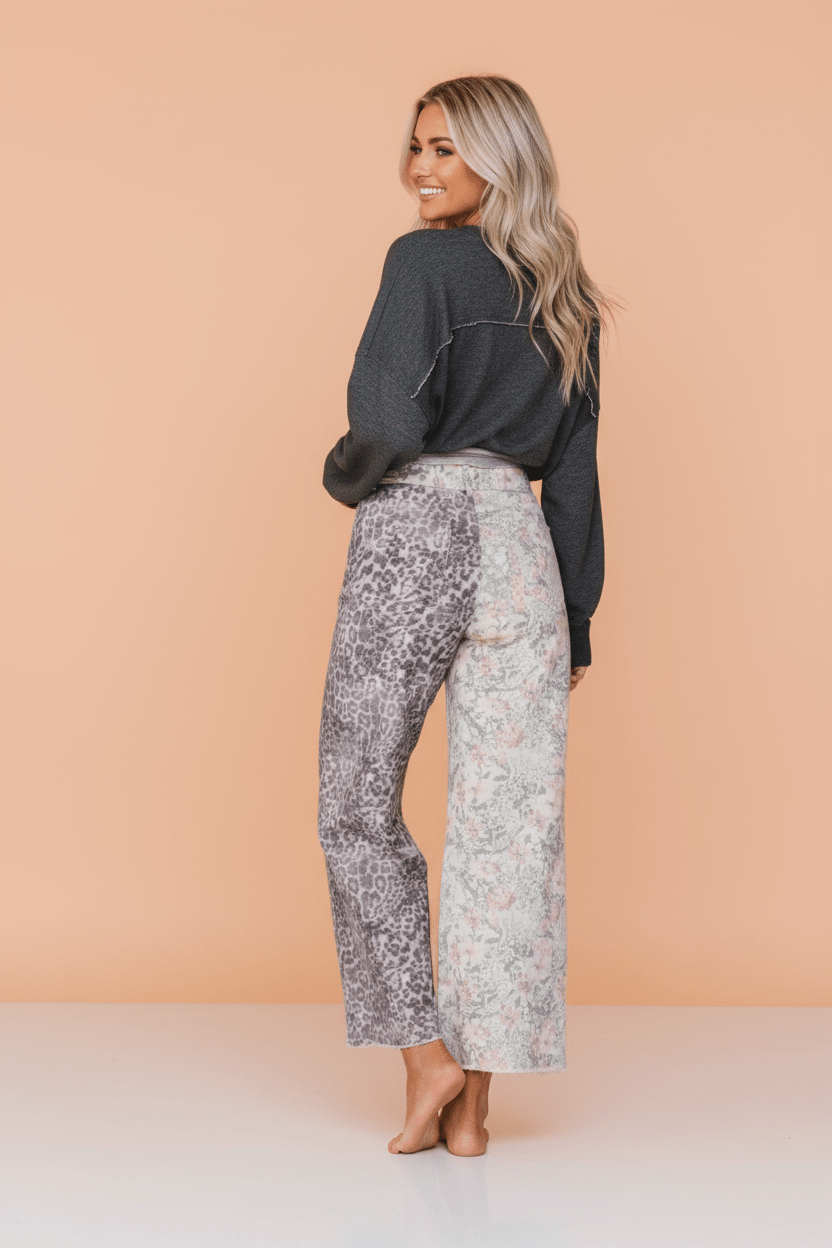 Leopard Floral Denim Patchwork Raw Hem Jeans - Rooted & Reckless Co.