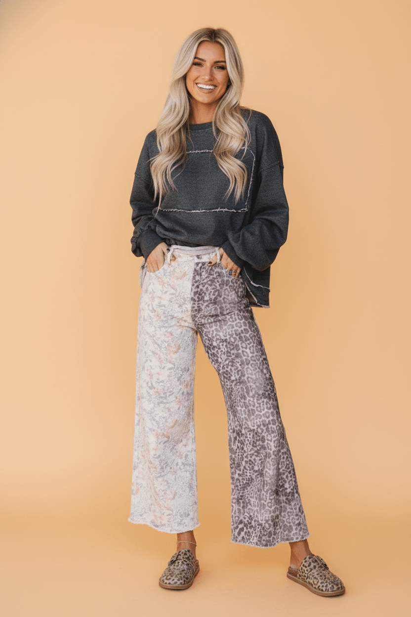 Leopard Floral Denim Patchwork Raw Hem Jeans - Rooted & Reckless Co.