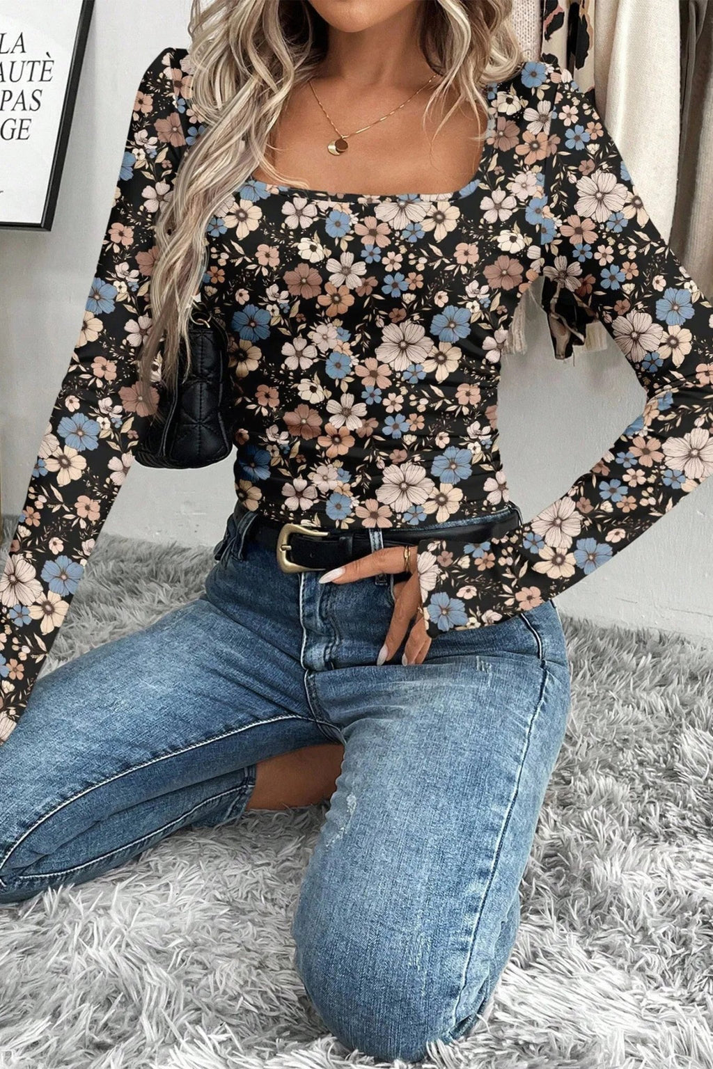 Leopard & Floral Square Neck Long Sleeve T-Shirt - Rooted & Reckless Co.