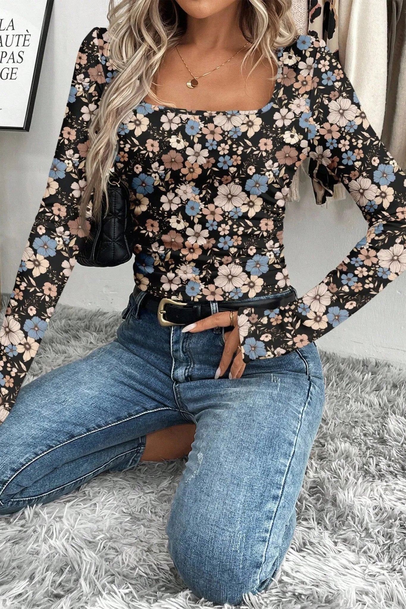 Leopard & Floral Square Neck Long Sleeve T-Shirt - Rooted & Reckless Co.