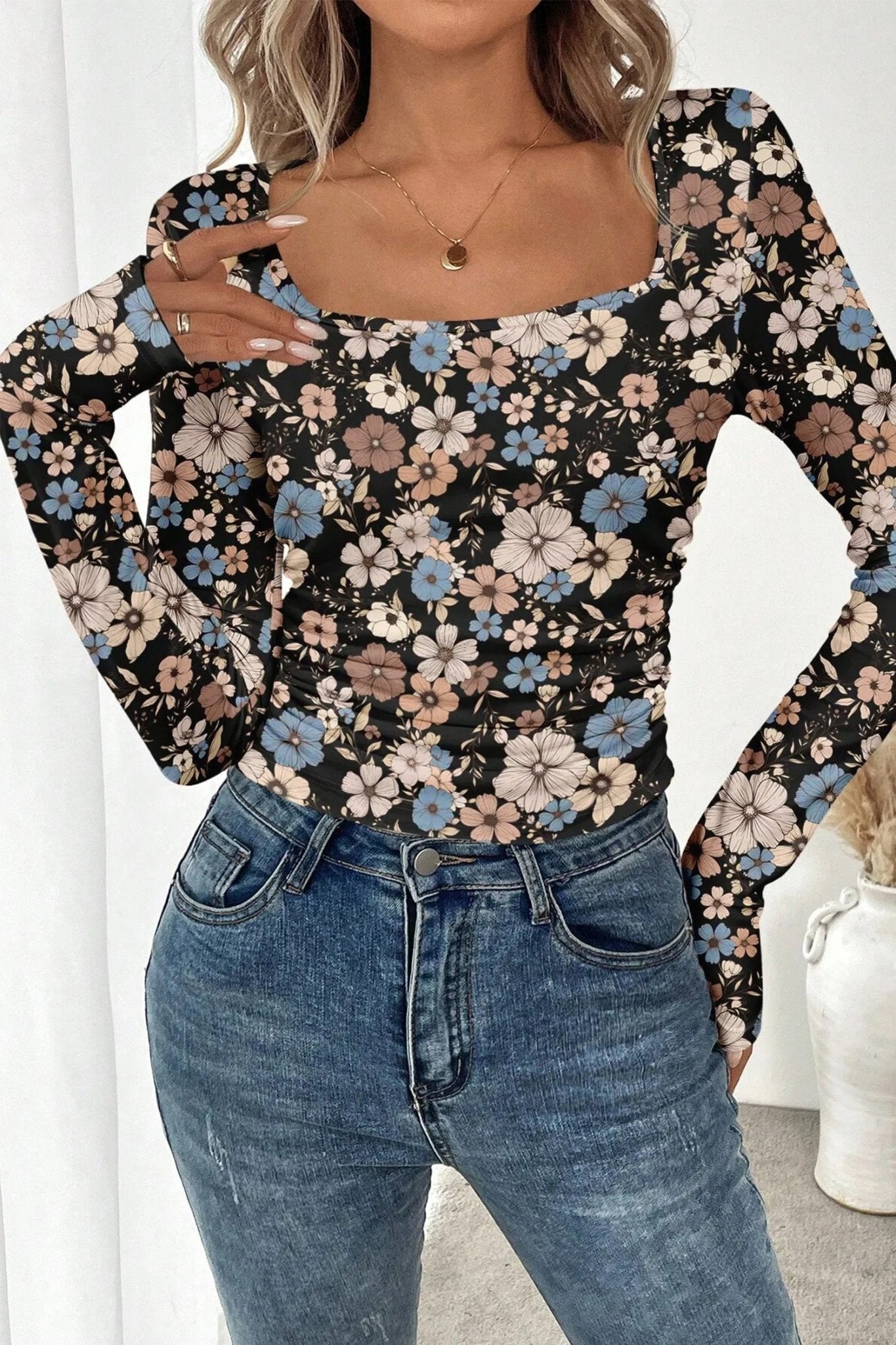 Leopard & Floral Square Neck Long Sleeve T-Shirt - Rooted & Reckless Co.