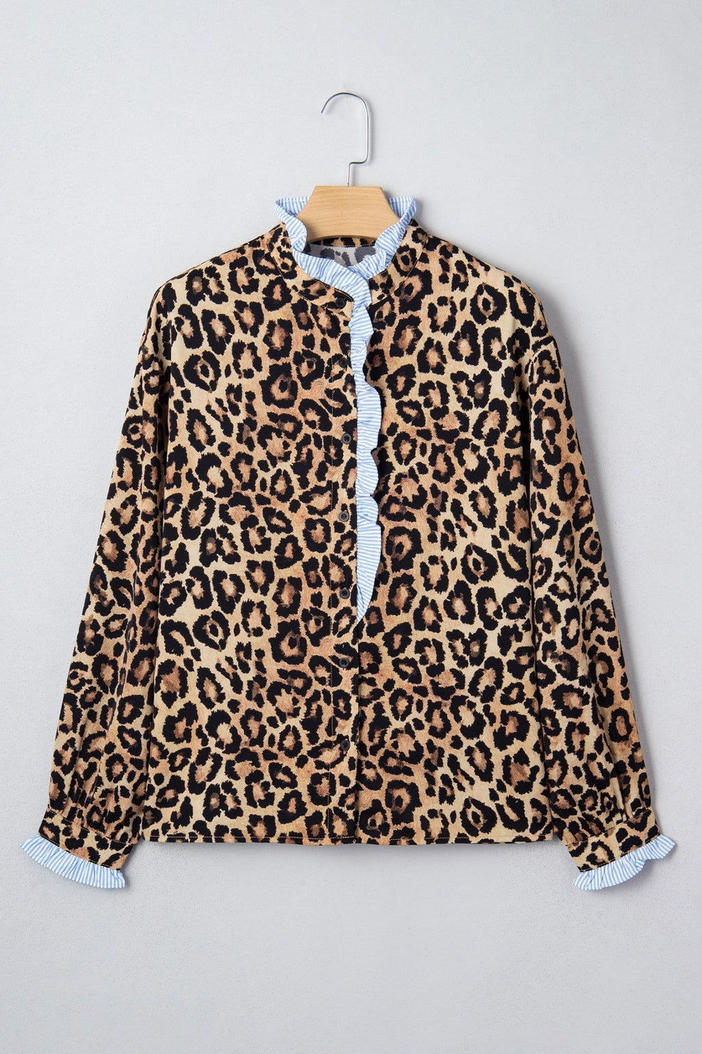 Leopard Frilled Stripe Trim Long Sleeve Shirt - Rooted & Reckless Co.