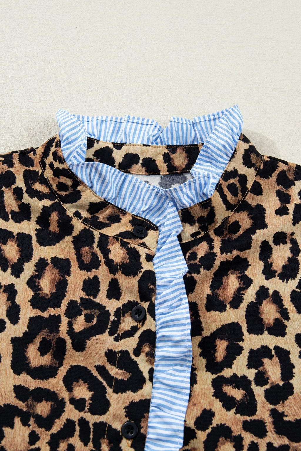 Leopard Frilled Stripe Trim Long Sleeve Shirt - Rooted & Reckless Co.