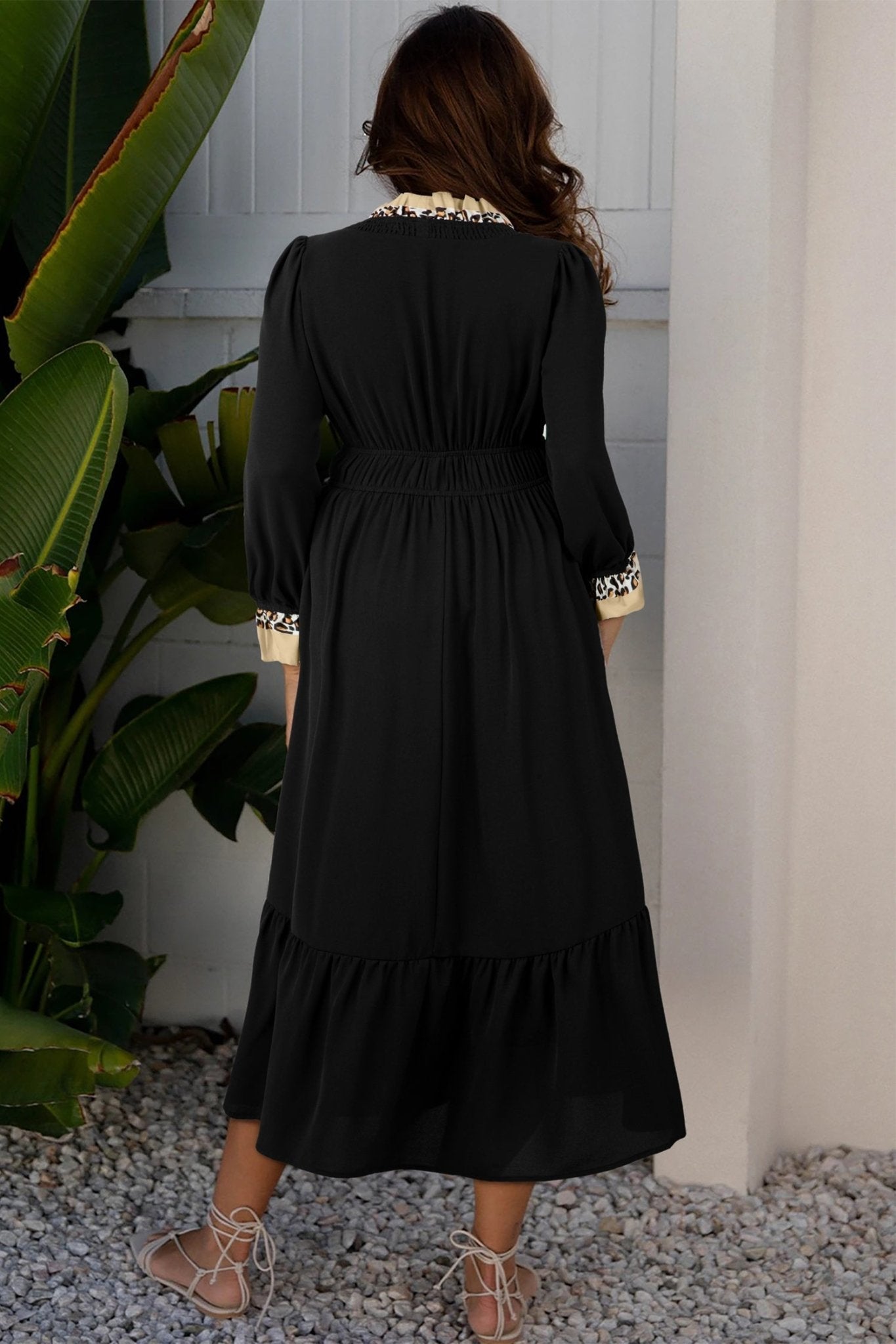 Leopard Frilled Trim V-Neck 3/4 Sleeve Midi Dress - Rooted & Reckless Co.