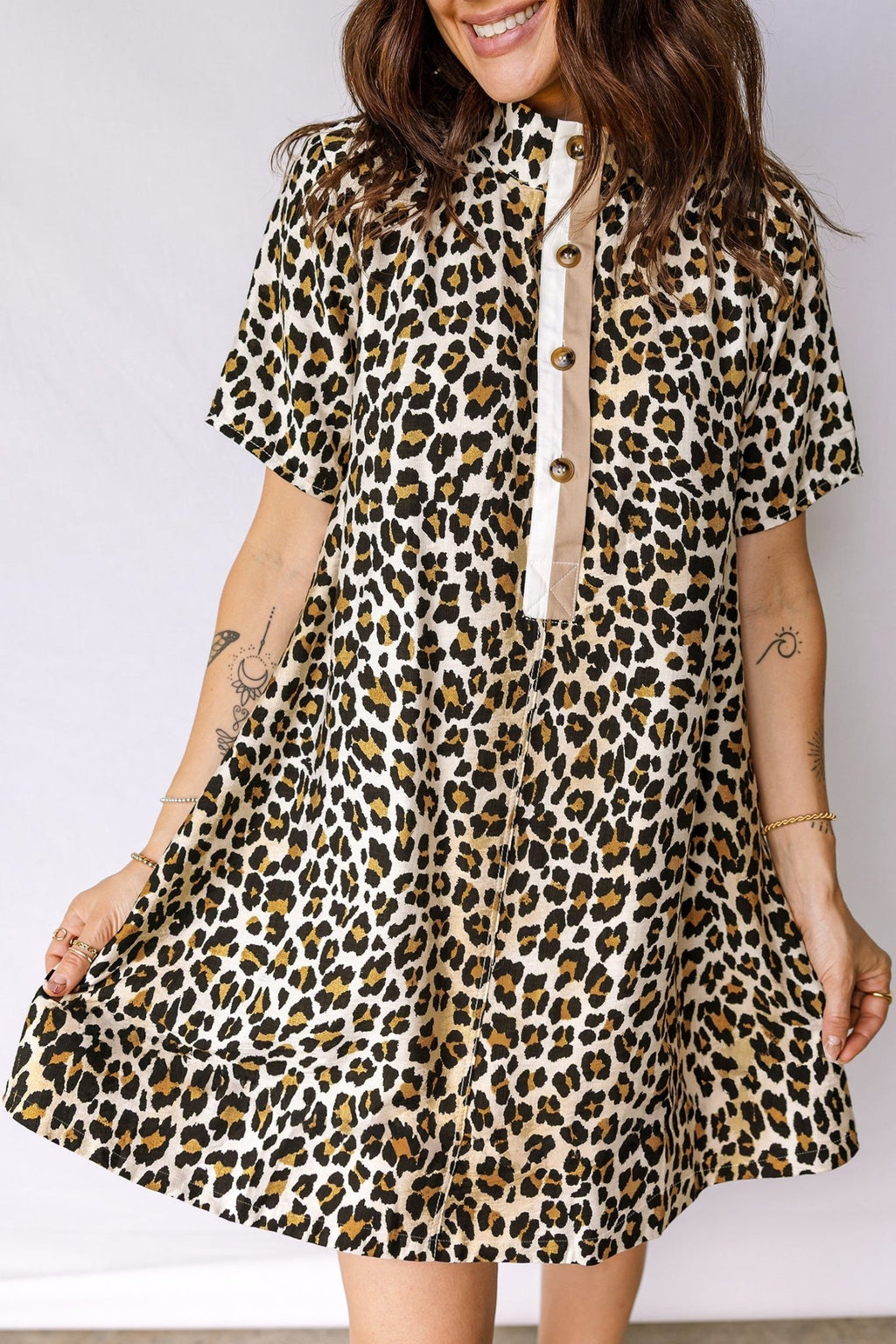 Leopard Half Buttoned Short Sleeve Mini Dress - Rooted & Reckless Co.