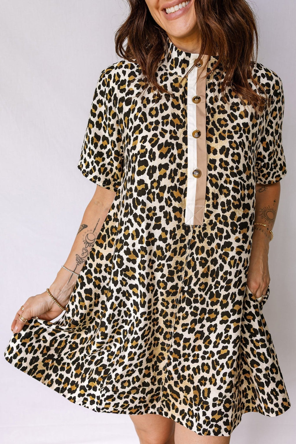 Leopard Half Buttoned Short Sleeve Mini Dress - Rooted & Reckless Co.