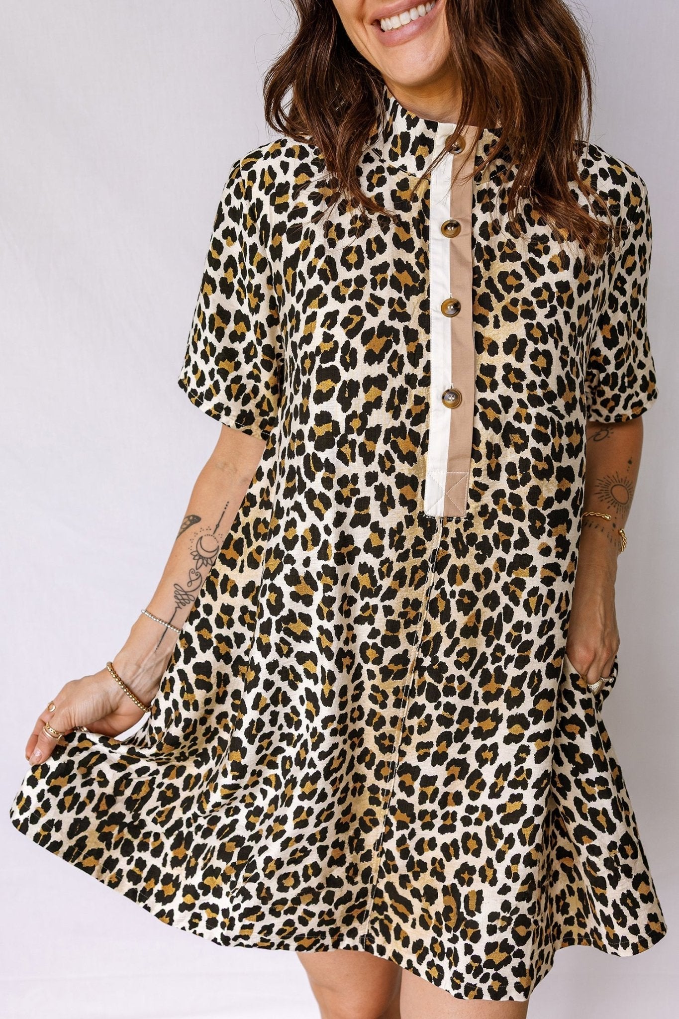 Leopard Half Buttoned Short Sleeve Mini Dress - Rooted & Reckless Co.
