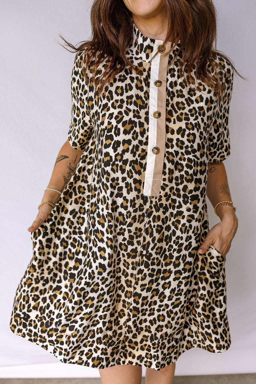 Leopard Half Buttoned Short Sleeve Mini Dress - Rooted & Reckless Co.