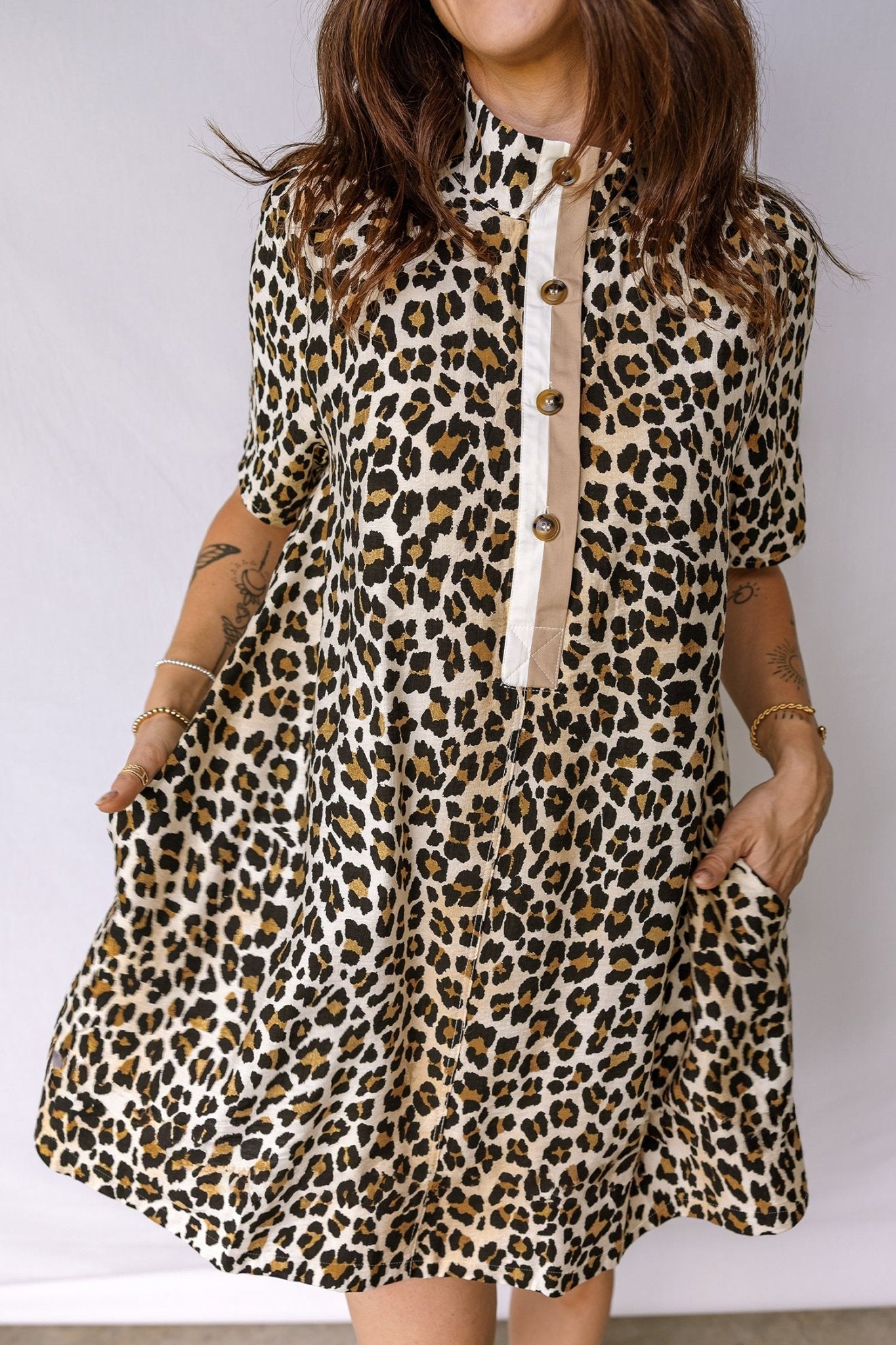 Leopard Half Buttoned Short Sleeve Mini Dress - Rooted & Reckless Co.
