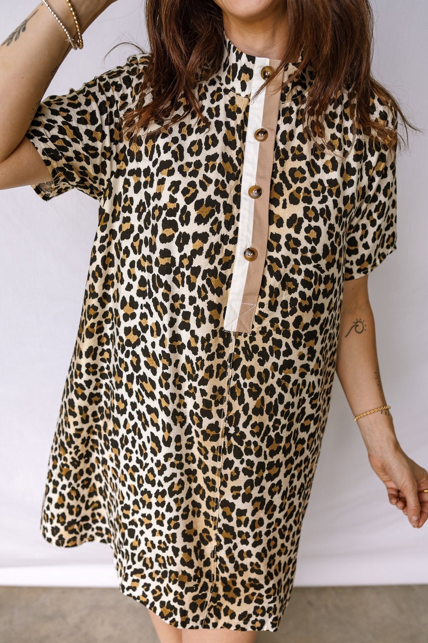 Leopard Half Buttoned Short Sleeve Mini Dress - Rooted & Reckless Co.