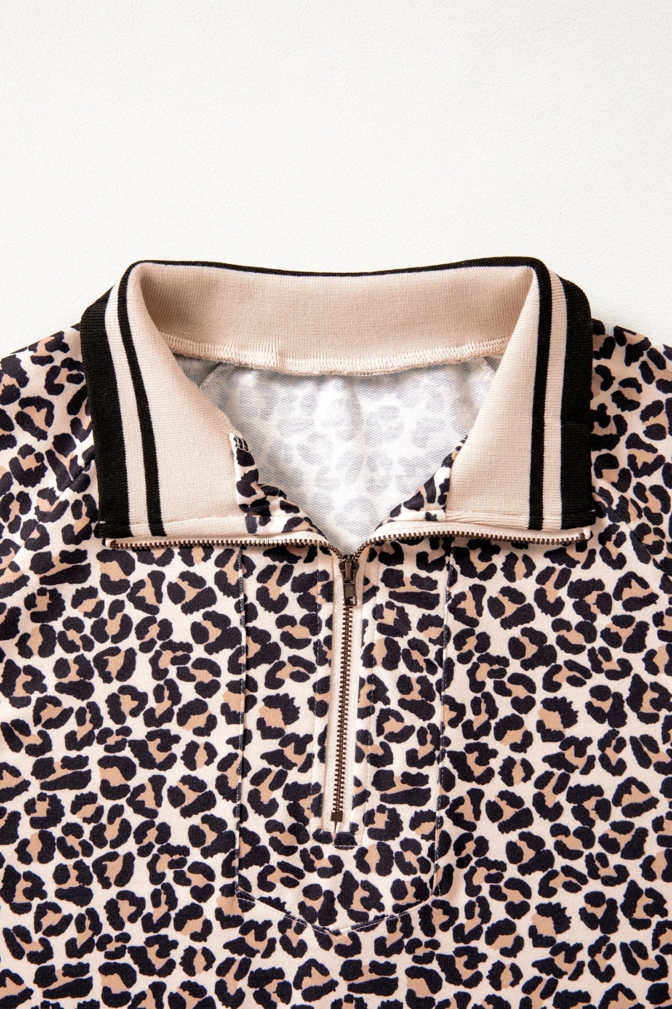 Leopard Half Zip Stripe Trim Short Sleeve Top - Rooted & Reckless Co.