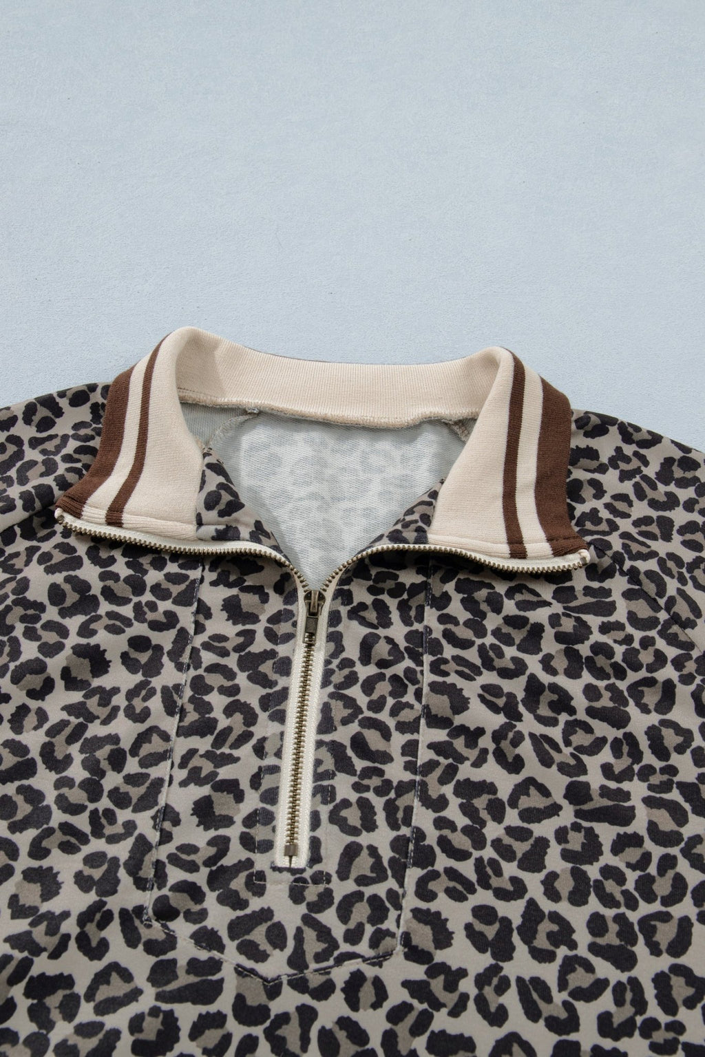 Leopard Half Zip Stripe Trim Short Sleeve Top - Rooted & Reckless Co.