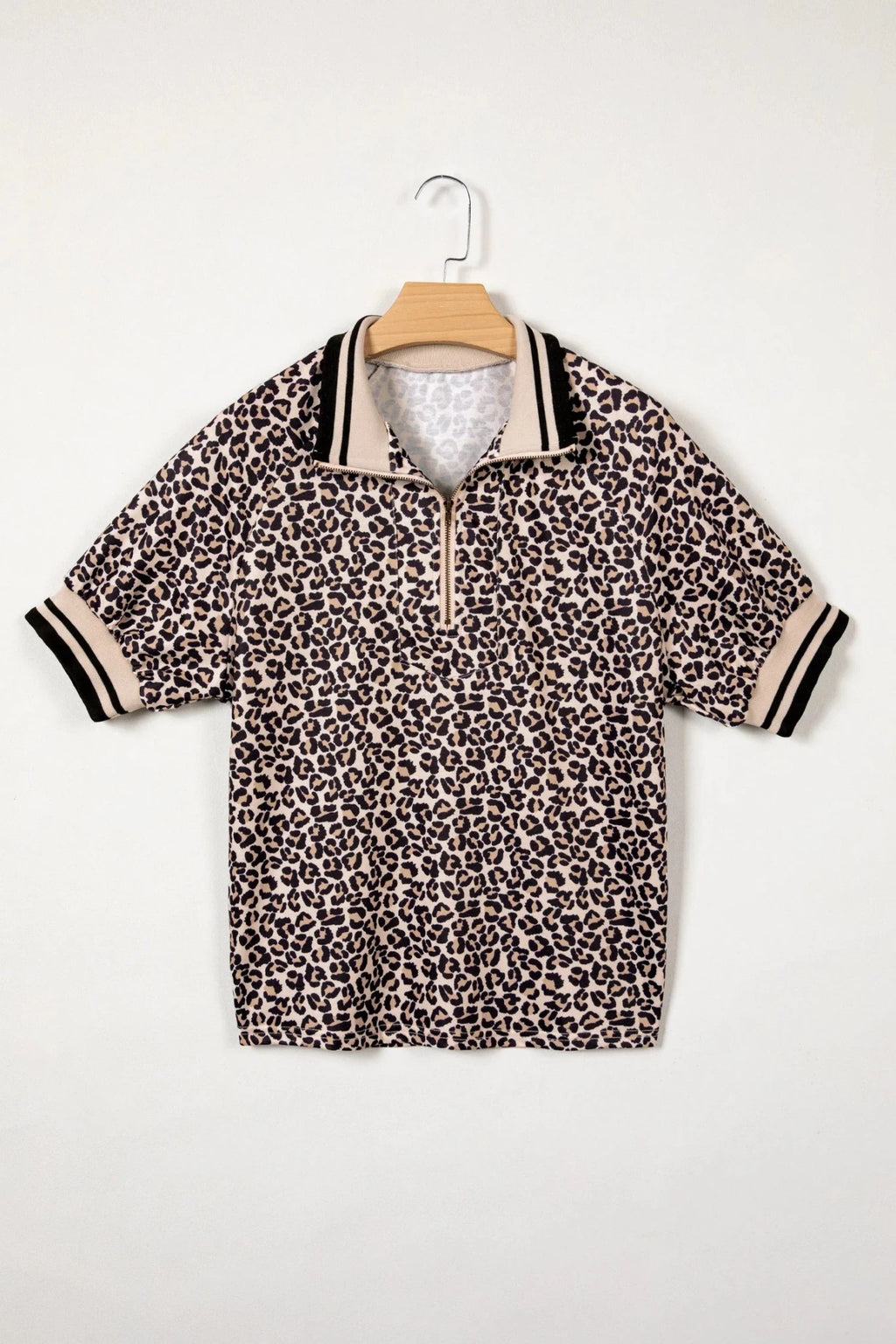 Leopard Half Zip Stripe Trim Short Sleeve Top - Rooted & Reckless Co.
