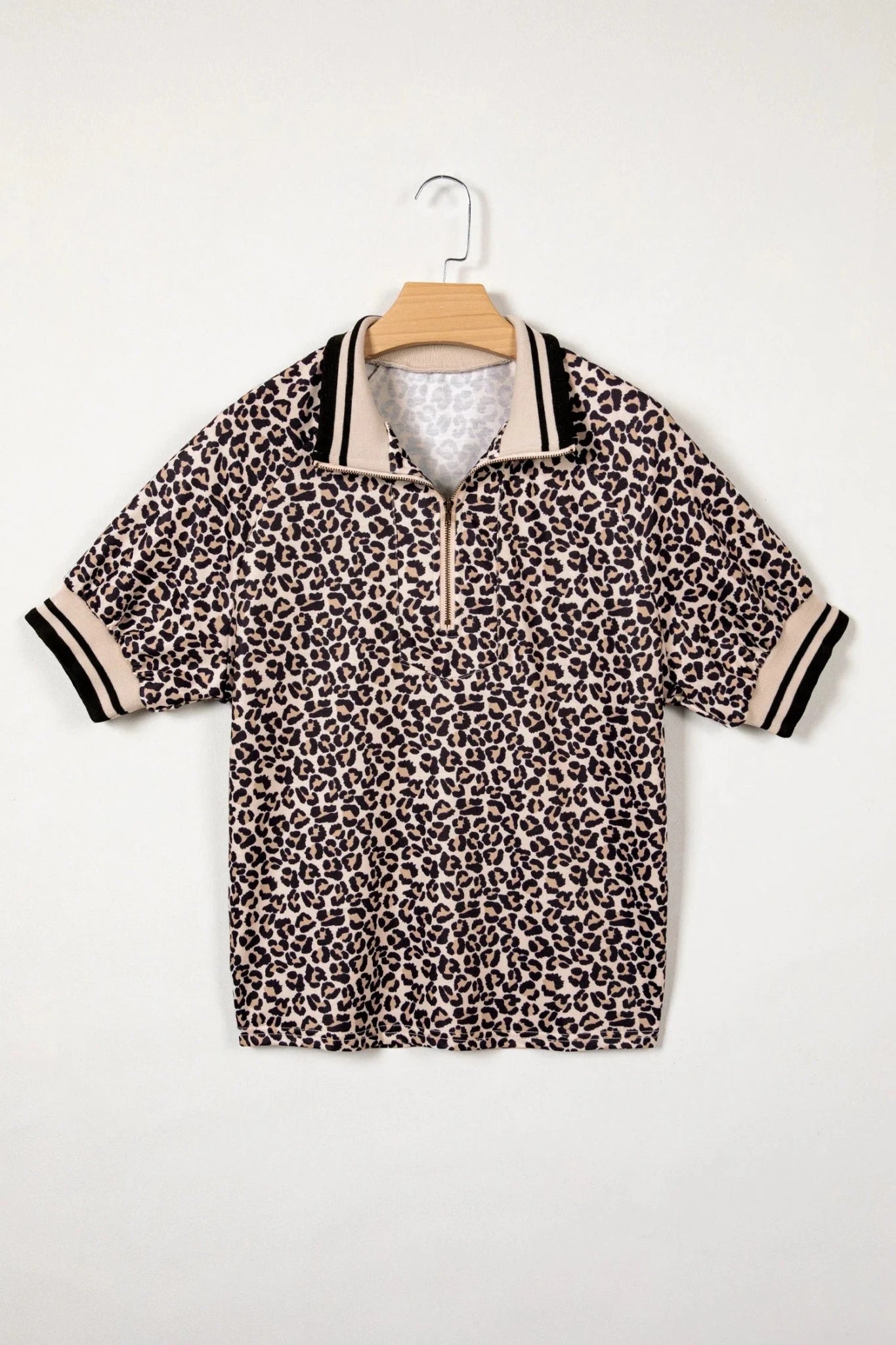 Leopard Half Zip Stripe Trim Short Sleeve Top - Rooted & Reckless Co.