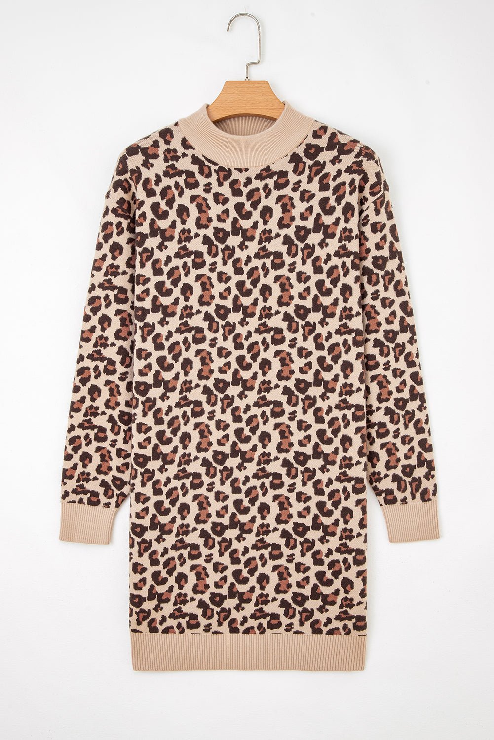Leopard High Neck Long Sleeve Sweater Dress - Rooted & Reckless Co.