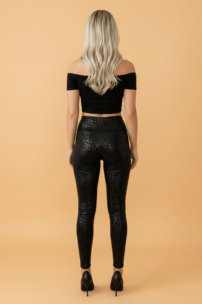 Leopard High Waist Textured Shiny Leggings - Rooted & Reckless Co.