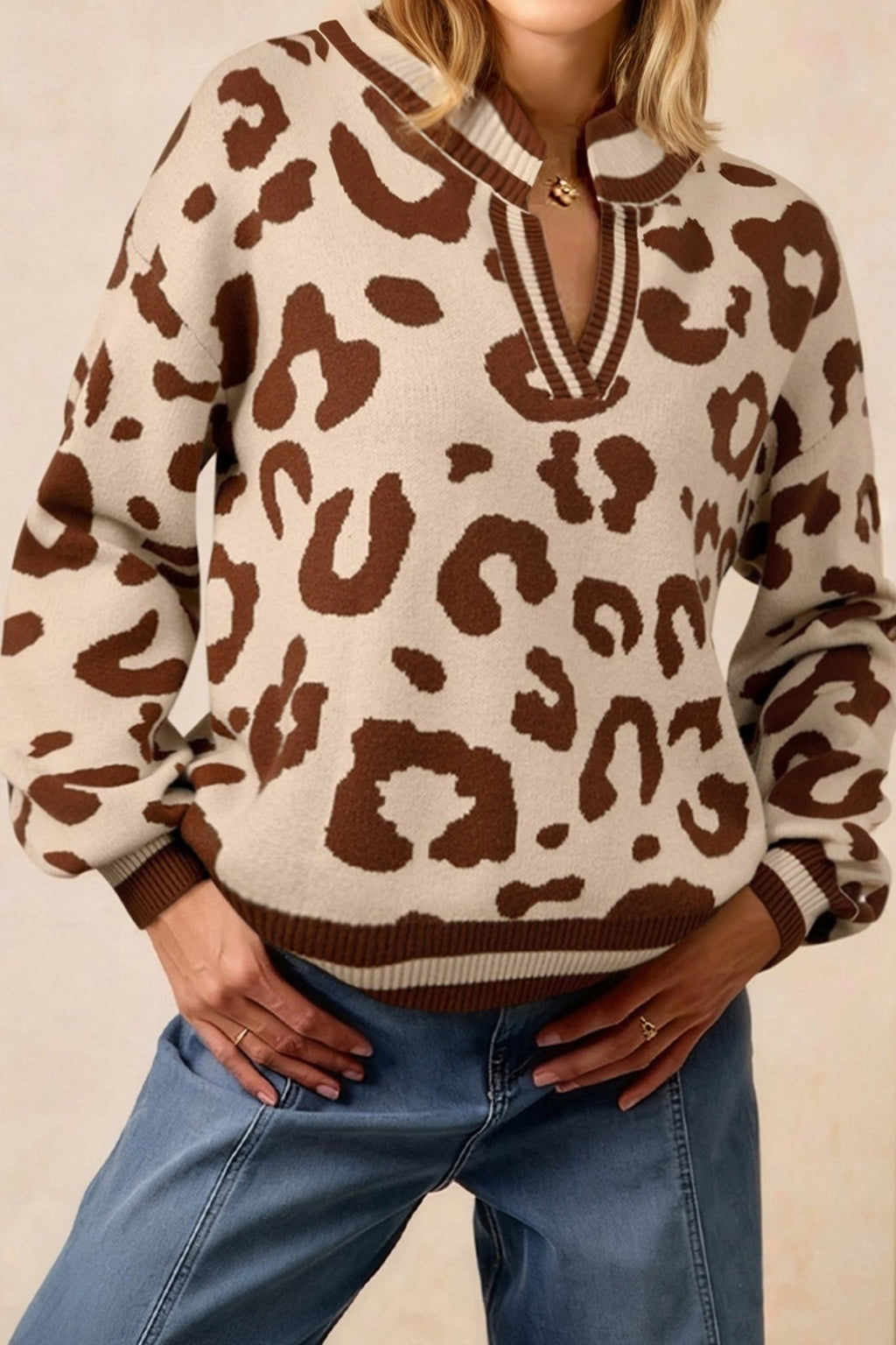Leopard Knit V-Neck Sweater - Rooted & Reckless Co.