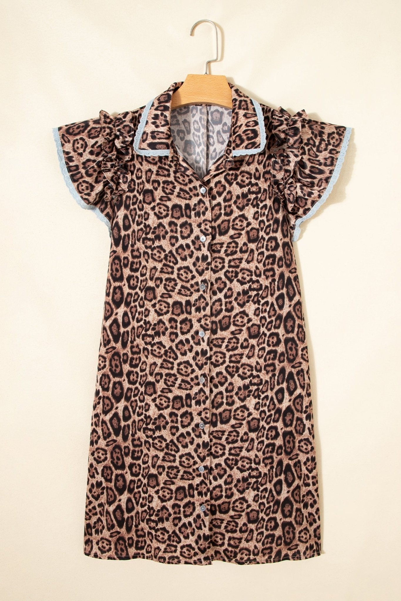 Leopard Lace Trim Collar Button Down Mini Dress - Rooted & Reckless Co.
