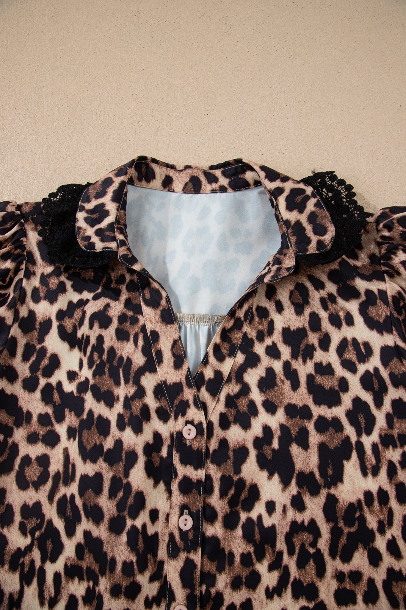 Leopard Lace Trim Short Sleeve Buttoned Shirt - Rooted & Reckless Co.